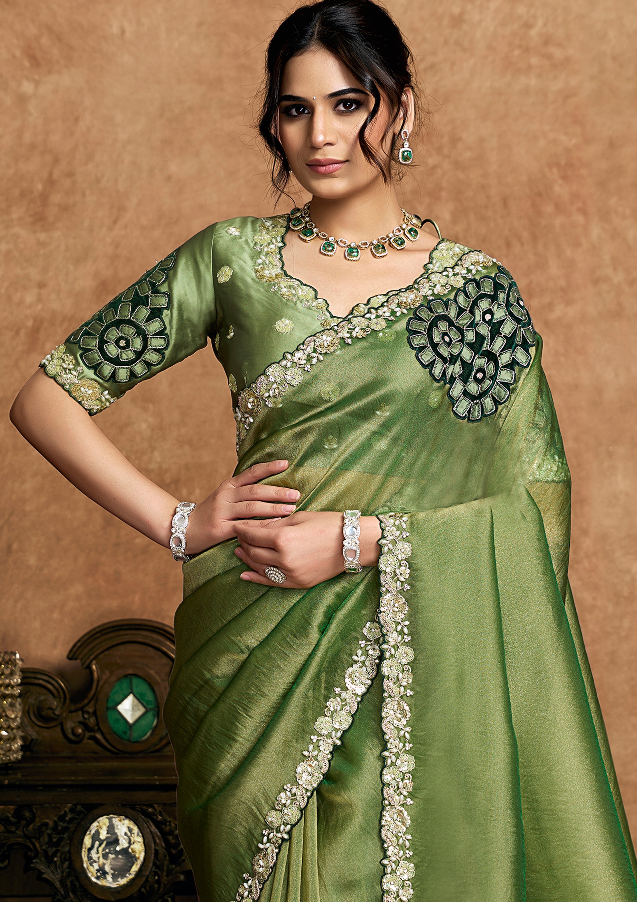 Moss Green Embellished Shimmer Organza Silk Saree