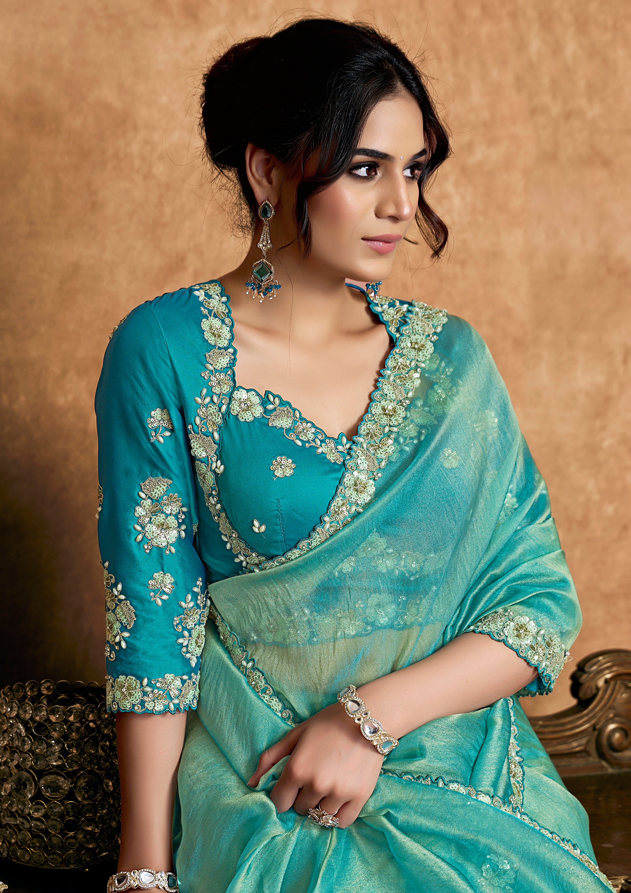 Turquoise Embellished Shimmer Organza Silk Saree