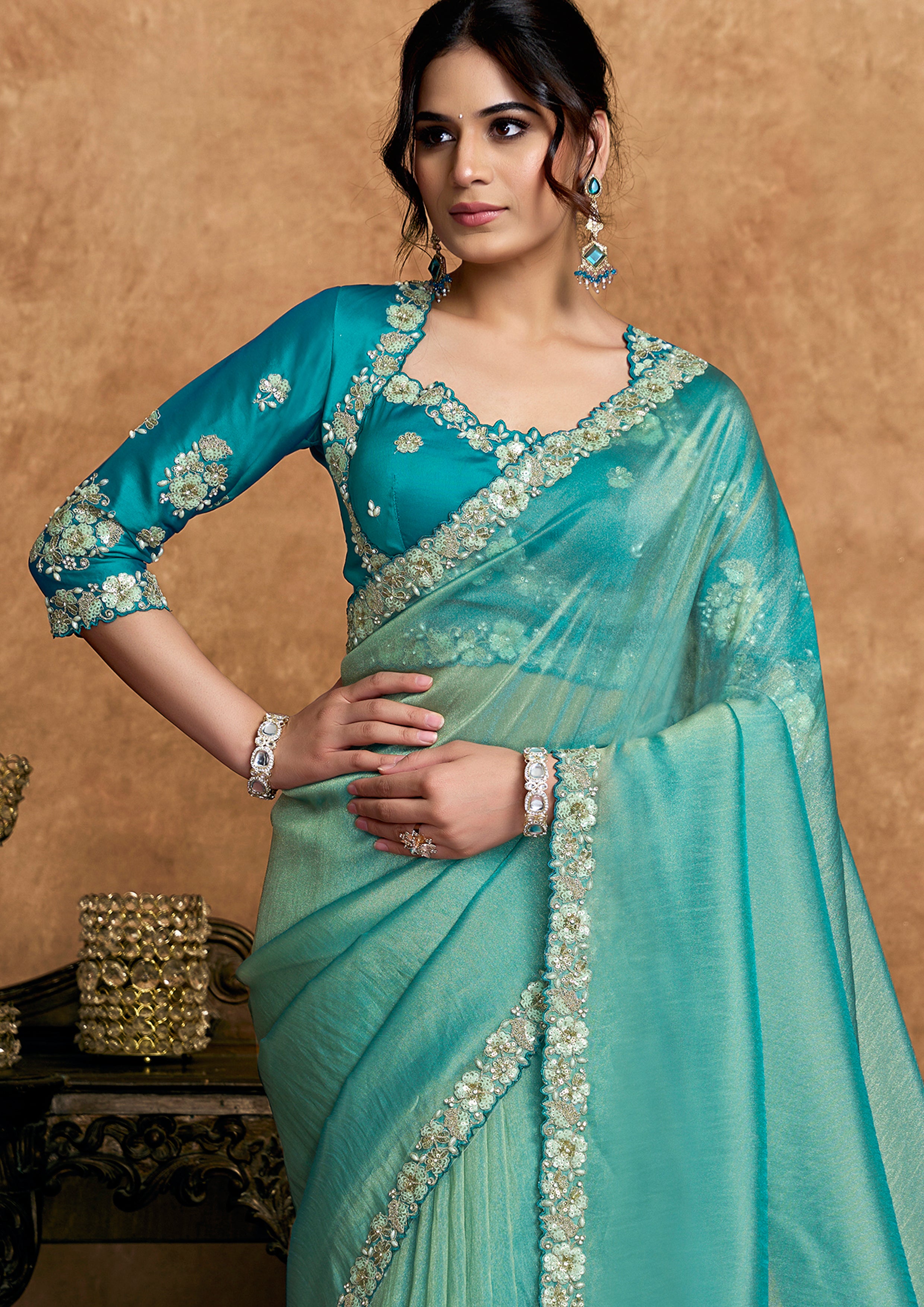 Turquoise Embellished Shimmer Organza Silk Saree