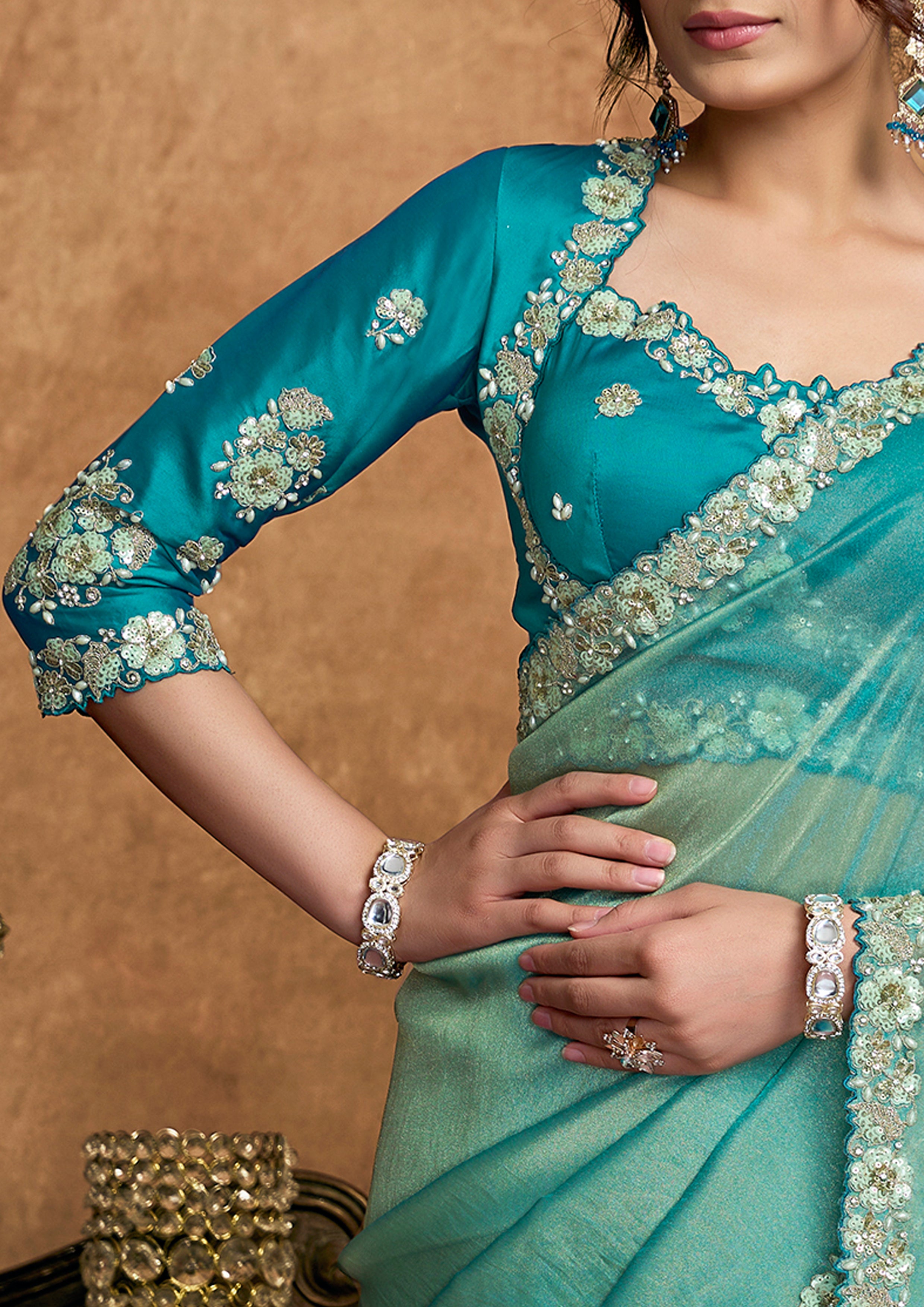 Turquoise Embellished Shimmer Organza Silk Saree