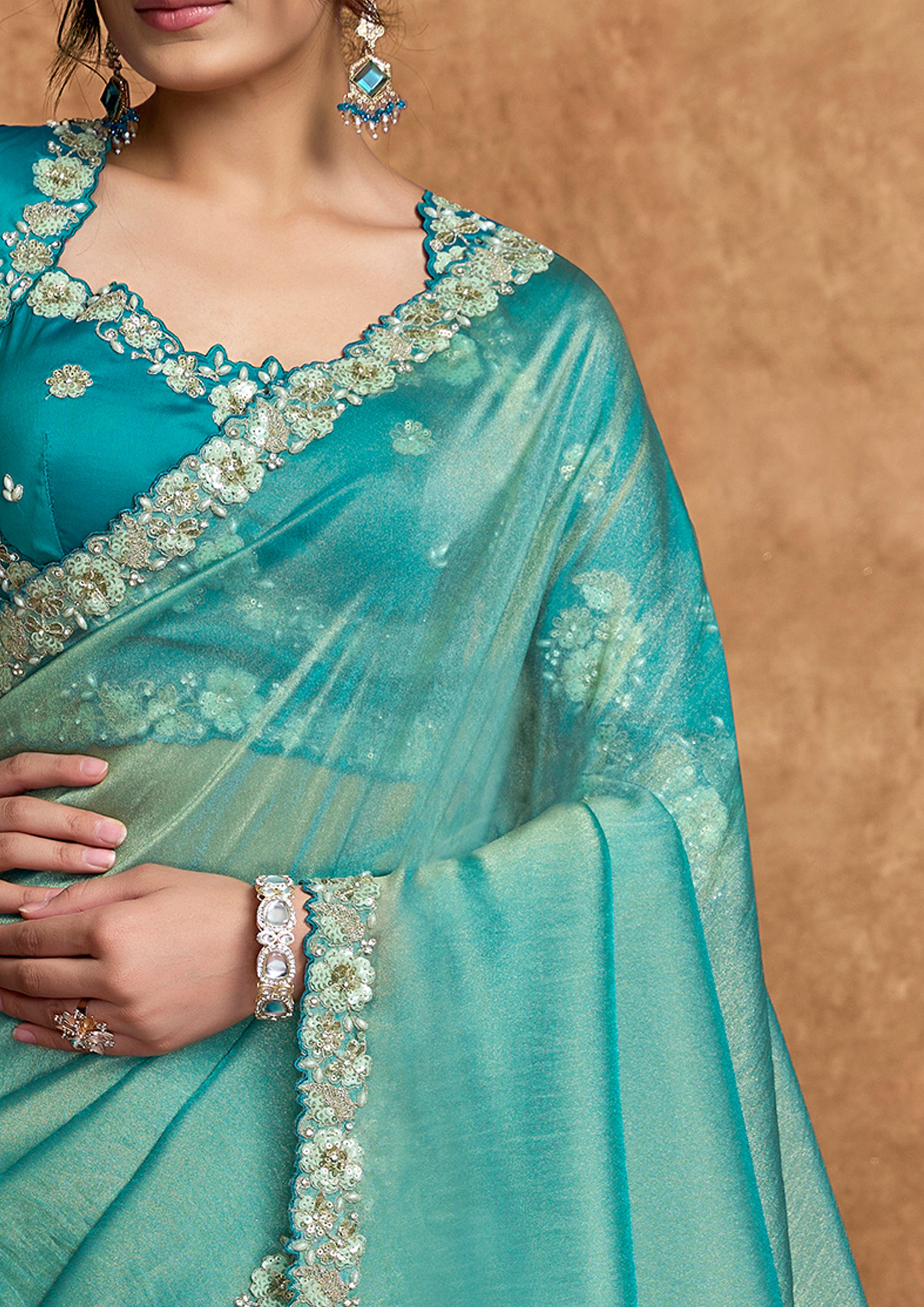 Turquoise Embellished Shimmer Organza Silk Saree