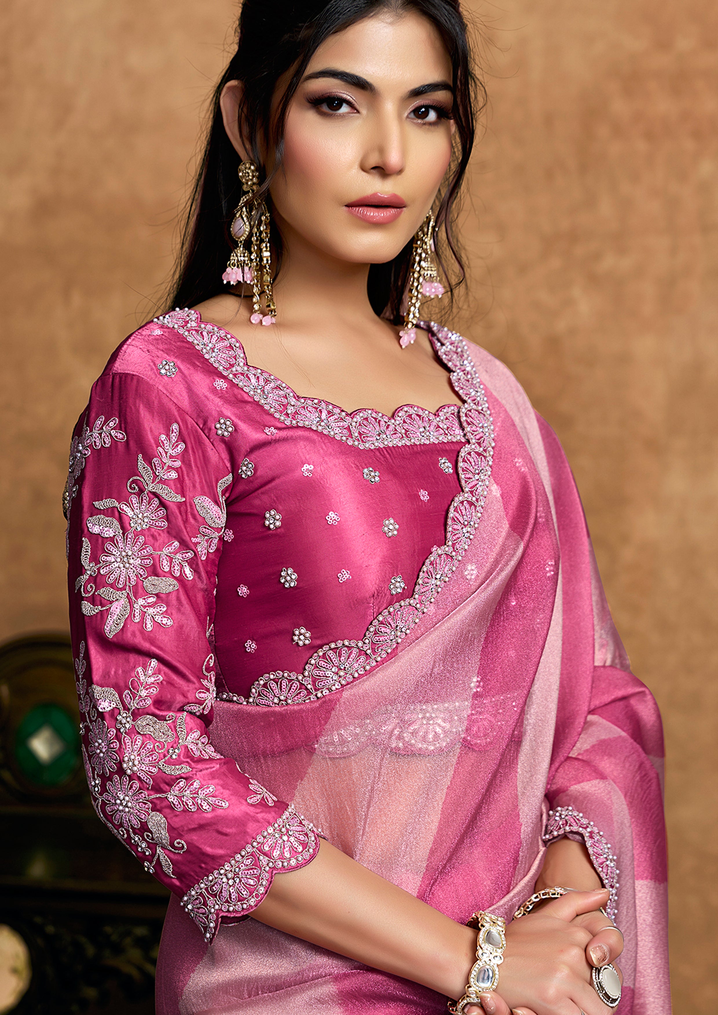 Fuchsia & Rose Pink Embellished Shimmer Saree