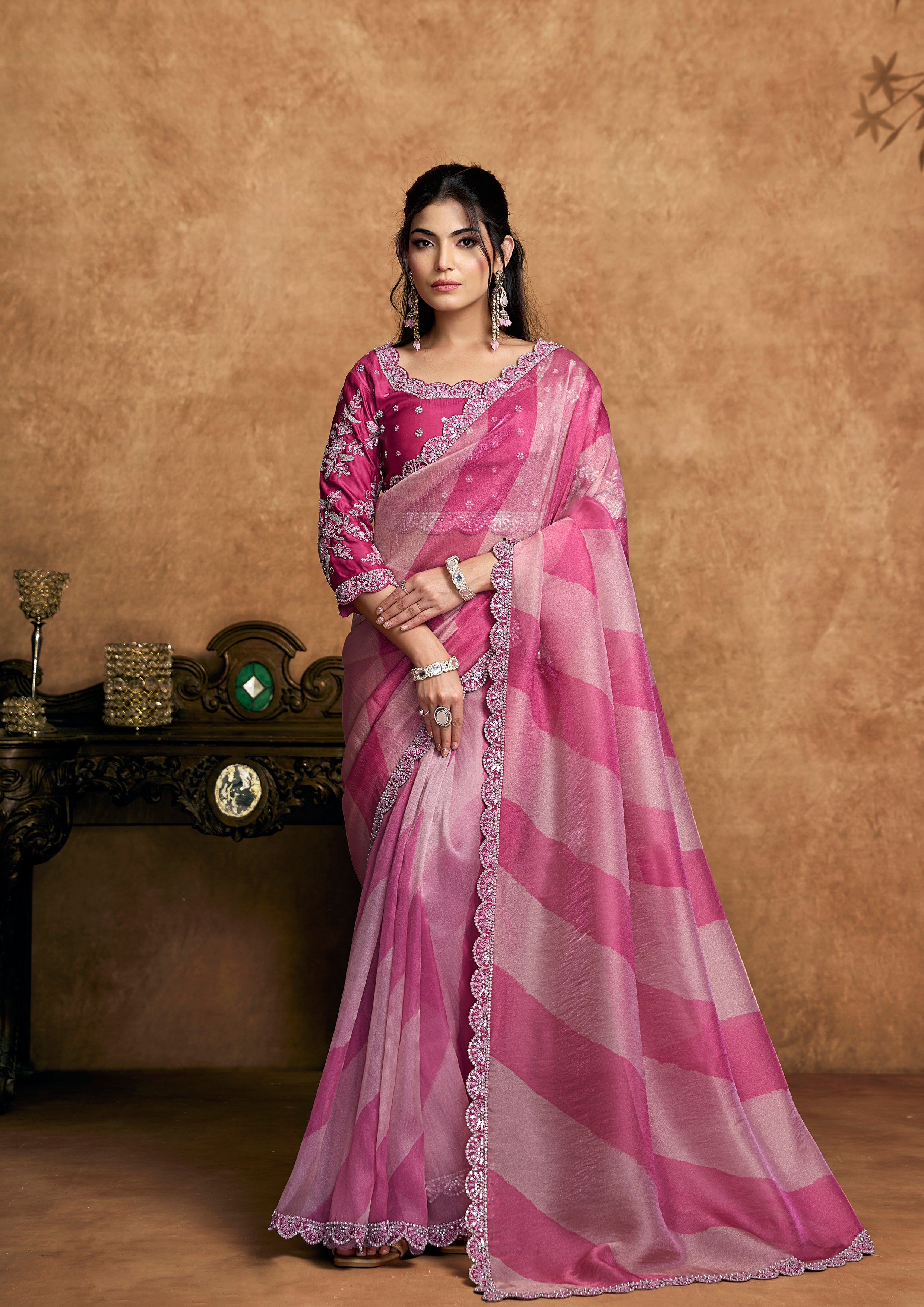 Fuchsia & Rose Pink Embellished Shimmer Saree