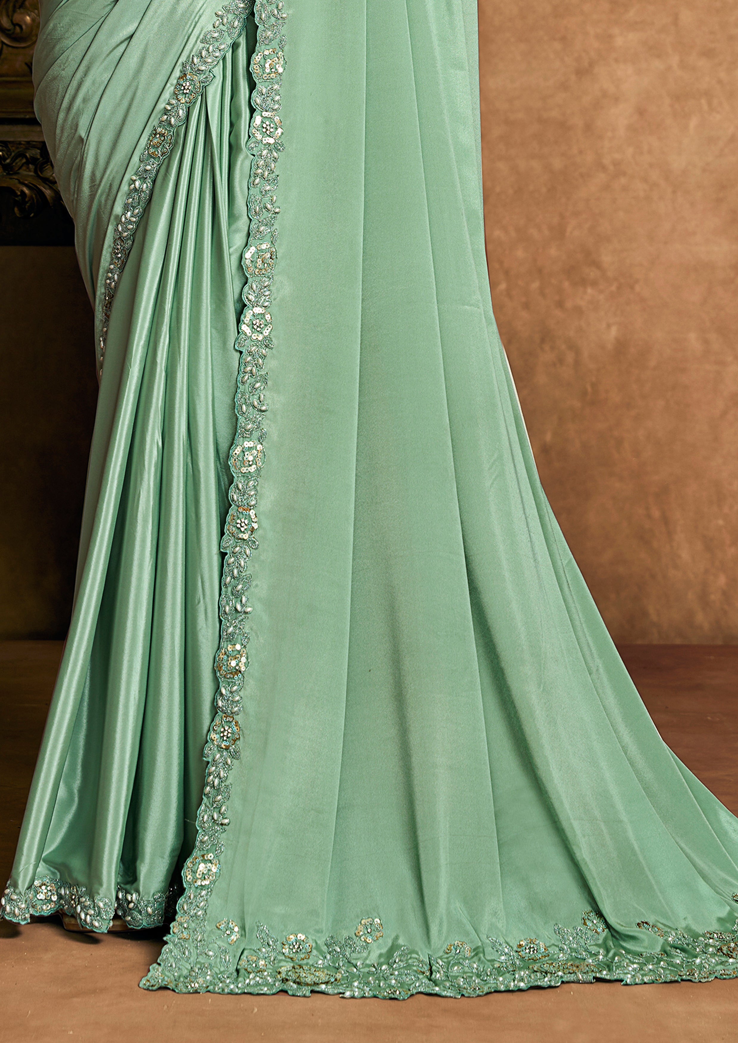 Mint Green Embellished Satin Silk Saree