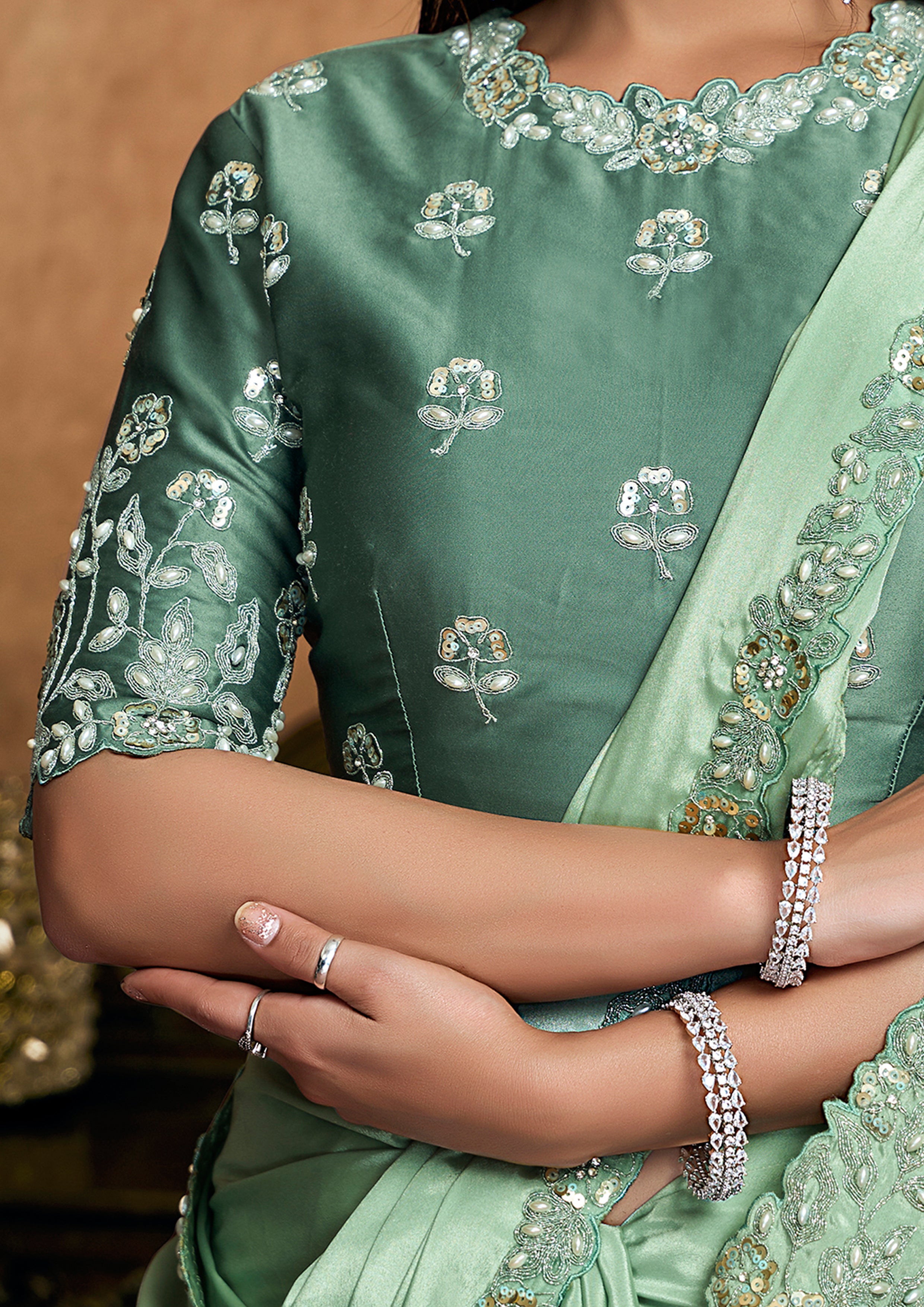 Mint Green Embellished Satin Silk Saree