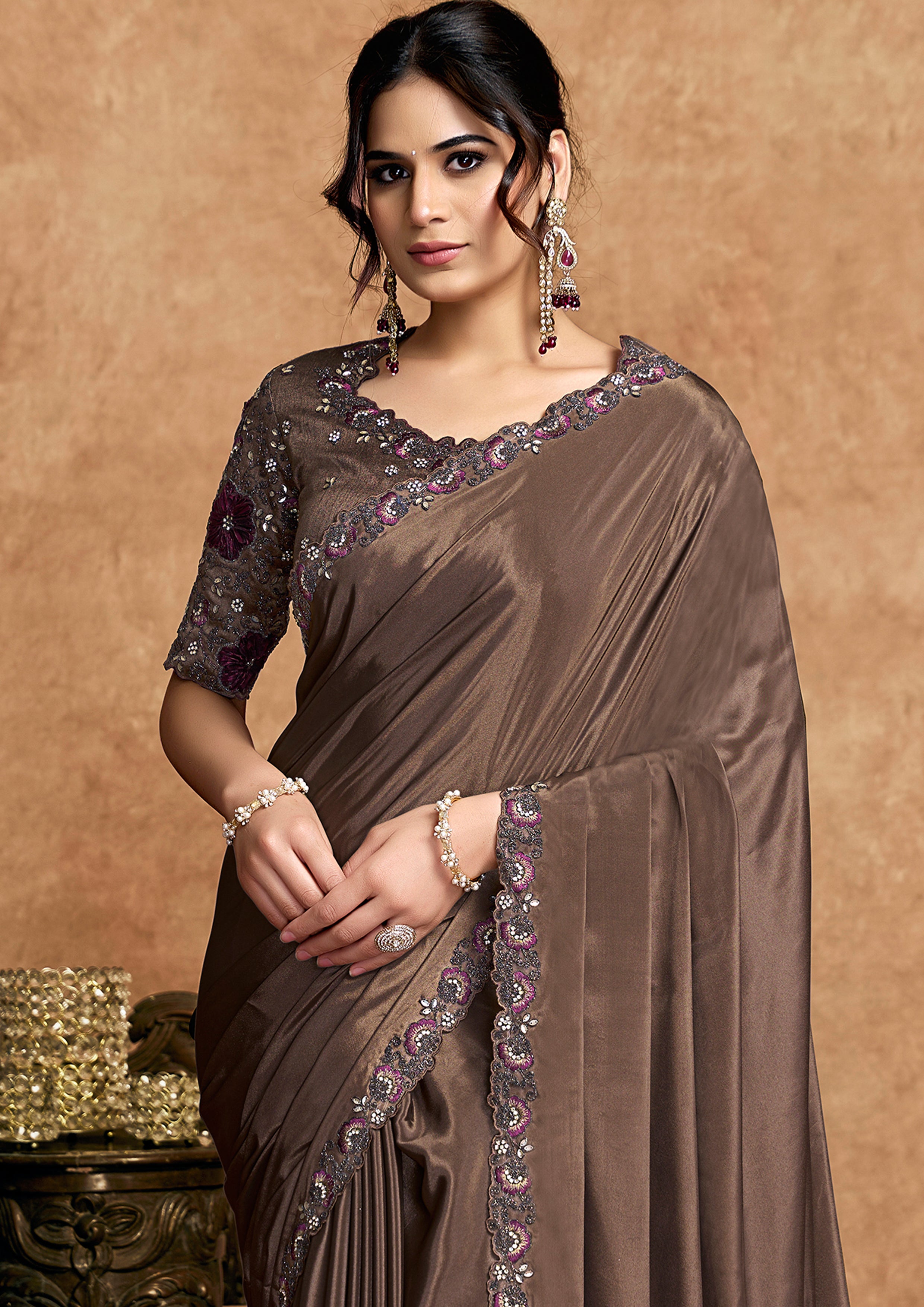 Espresso Brown Embellished Satin Silk Saree