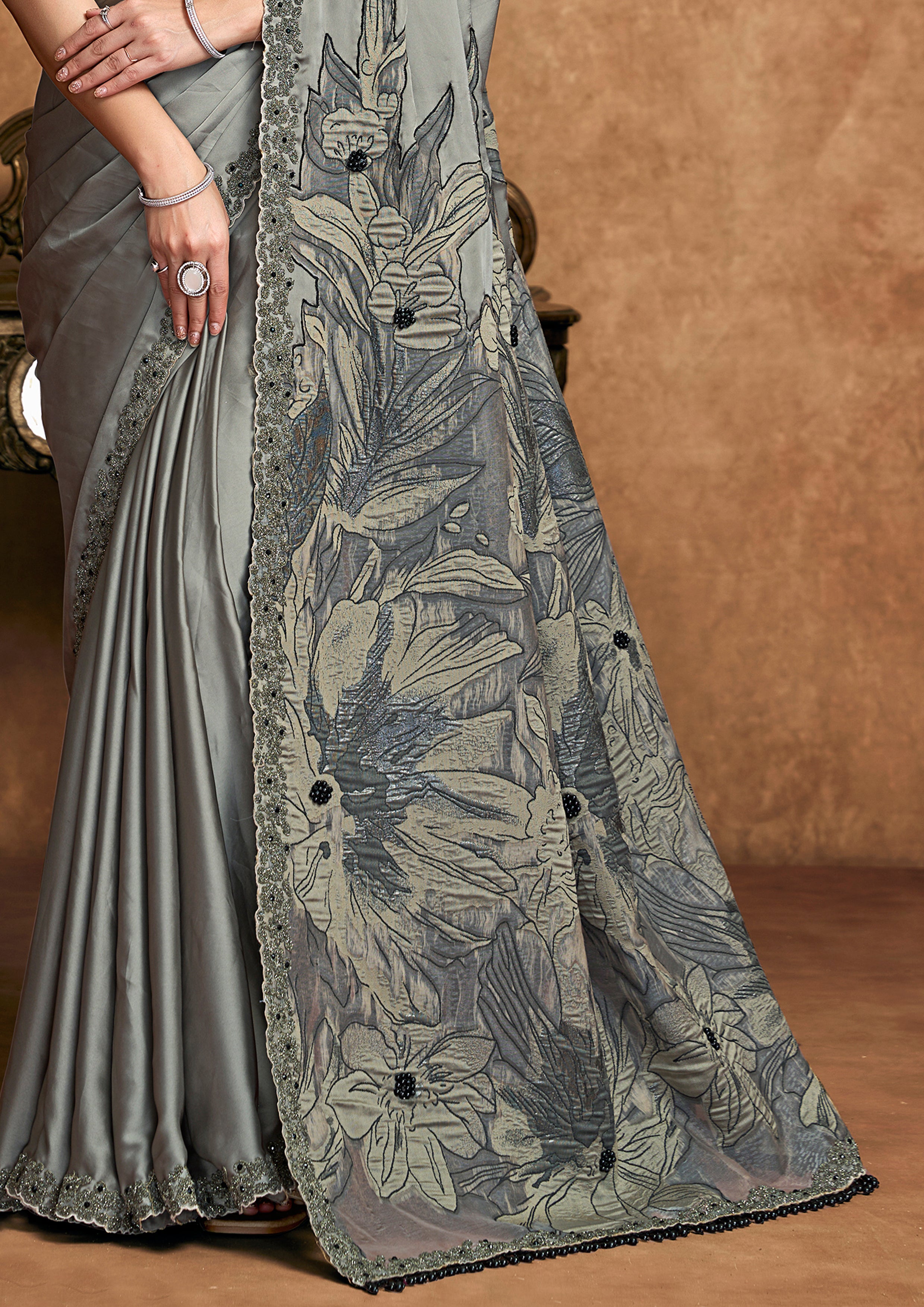 Steel Grey Embellished Satin Silk Saree