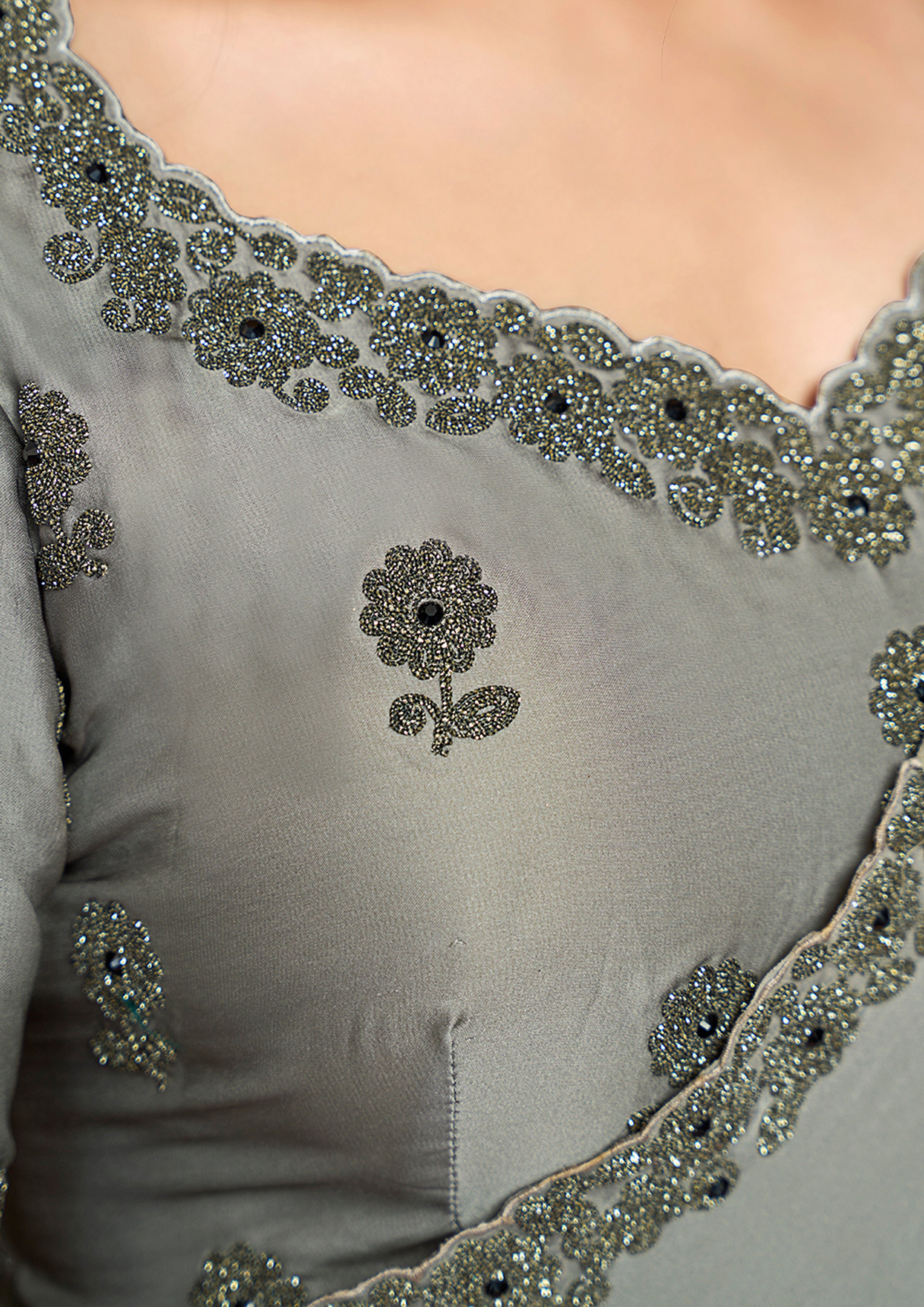 Steel Grey Embellished Satin Silk Saree