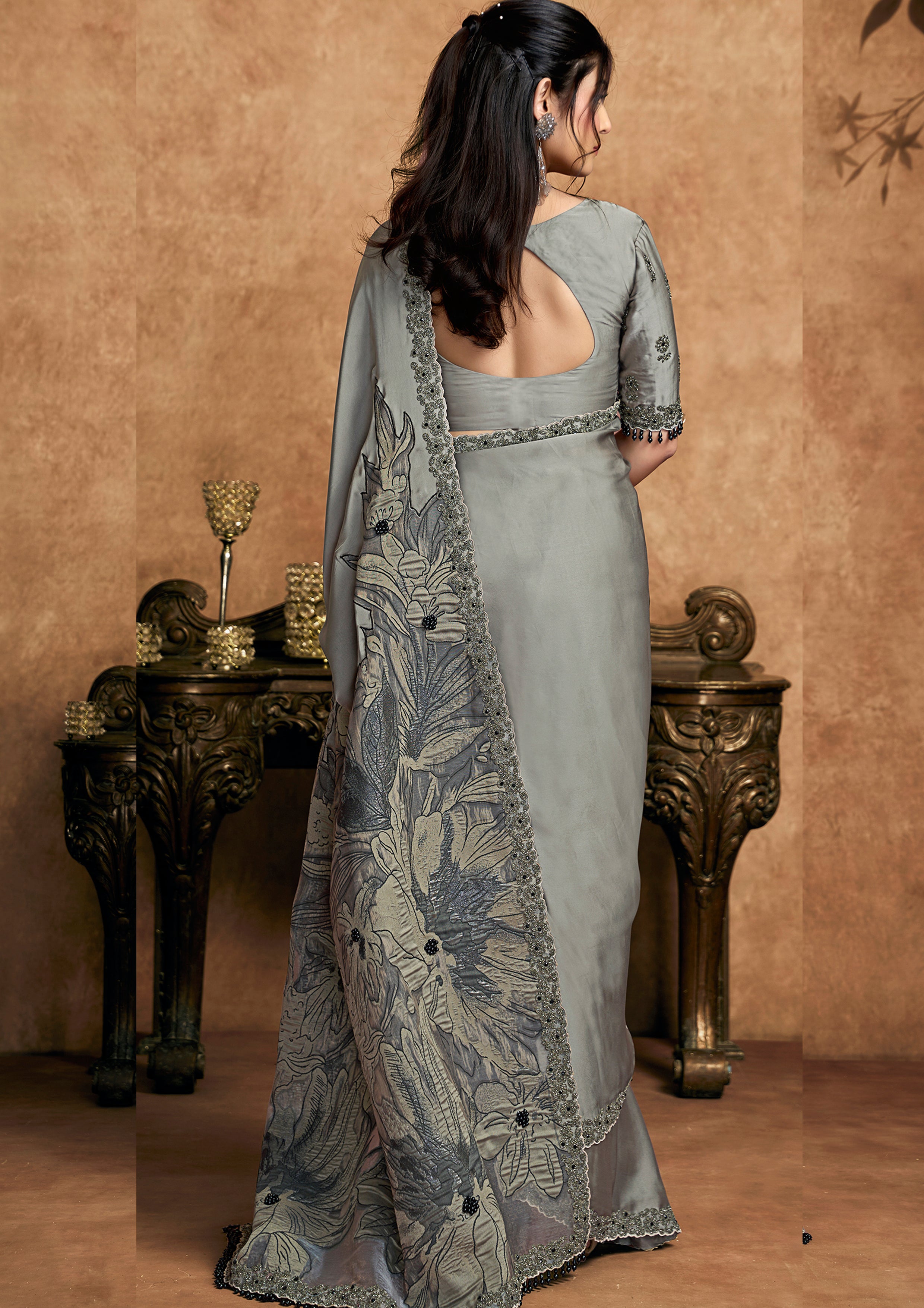Steel Grey Embellished Satin Silk Saree