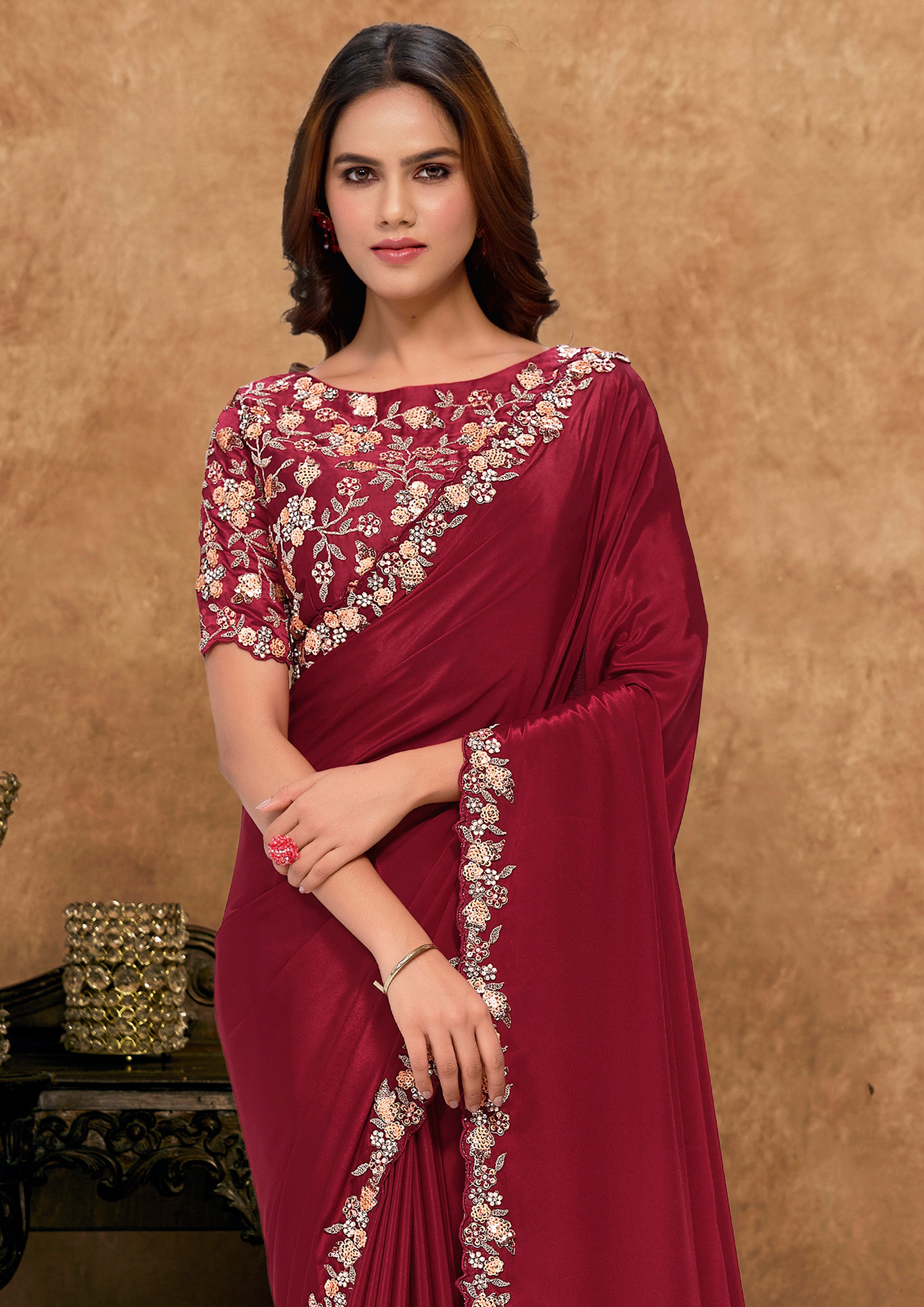 Deep Maroon Embellished Satin Silk Saree