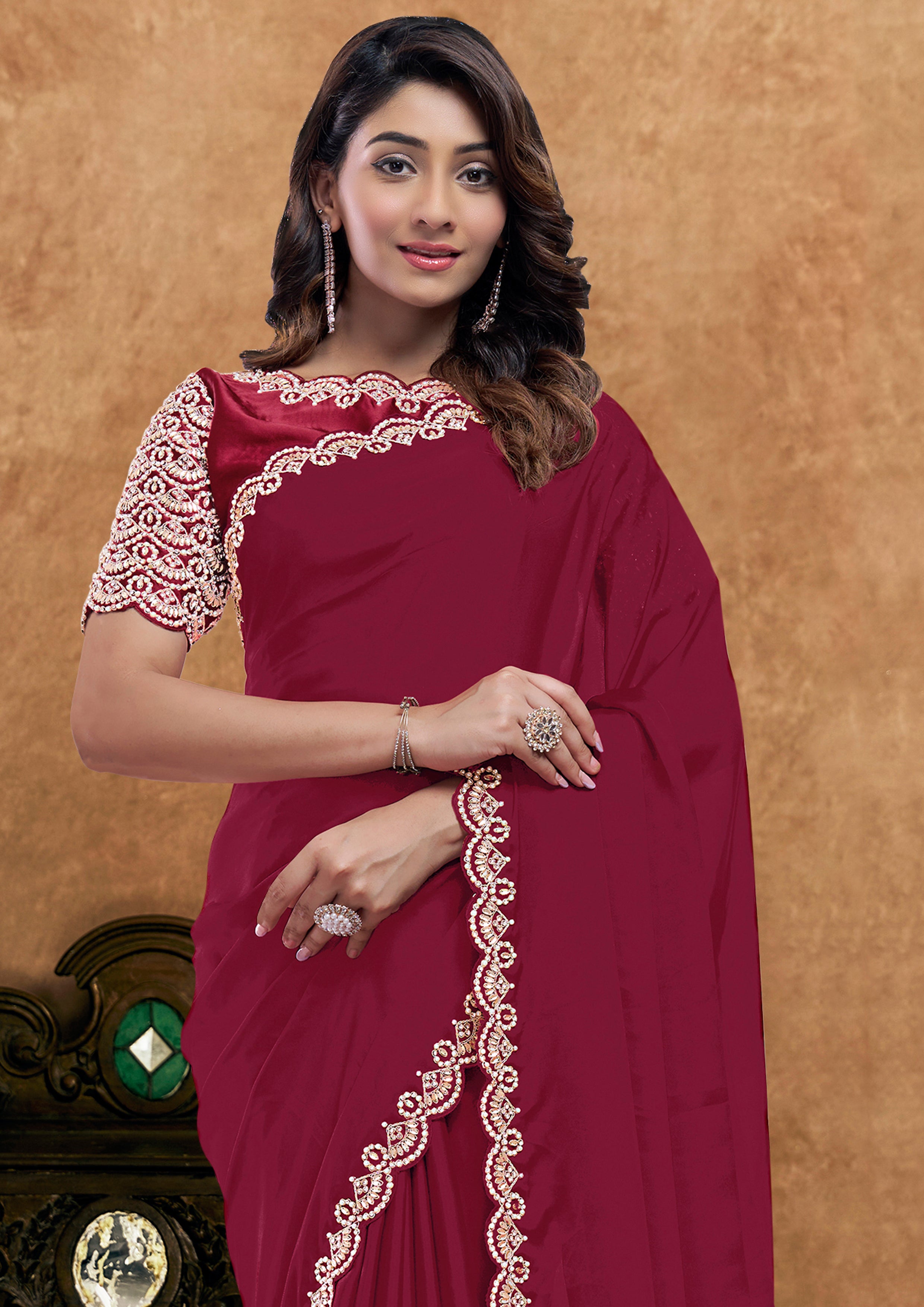 Crimson Red Embellished Crepe Silk Saree