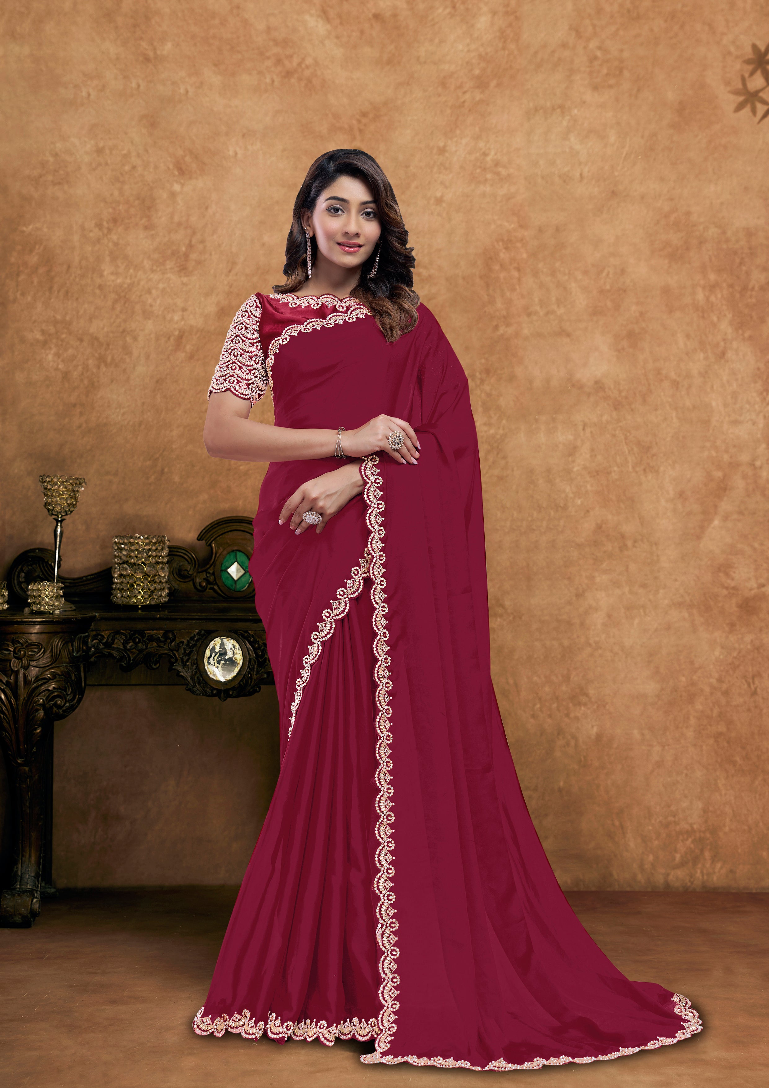 Crimson Red Embellished Crepe Silk Saree