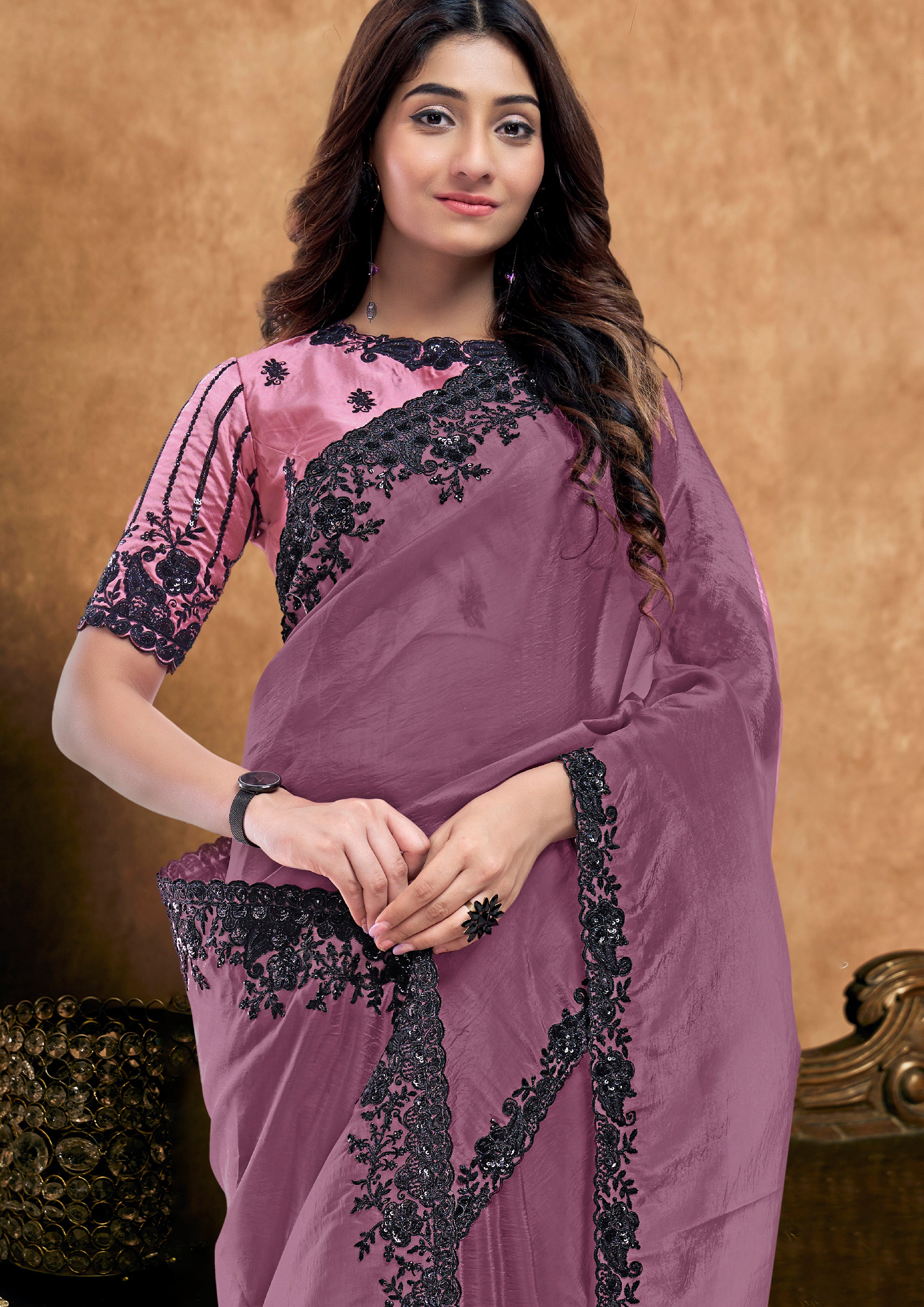 Mauve Orchid Embellished Crushed Pure Silk Saree