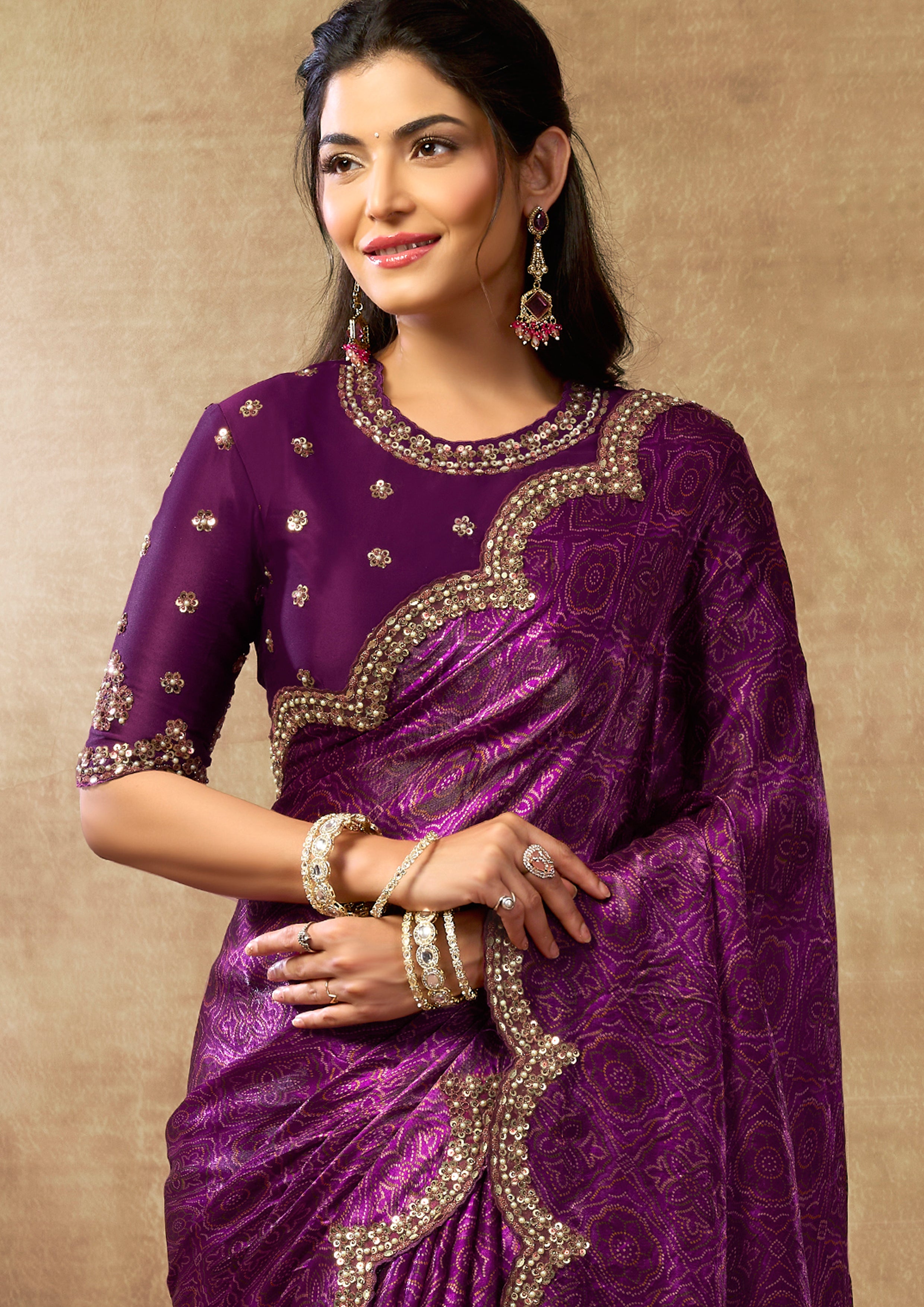 Royal Plum Embellished Satin Silk Saree