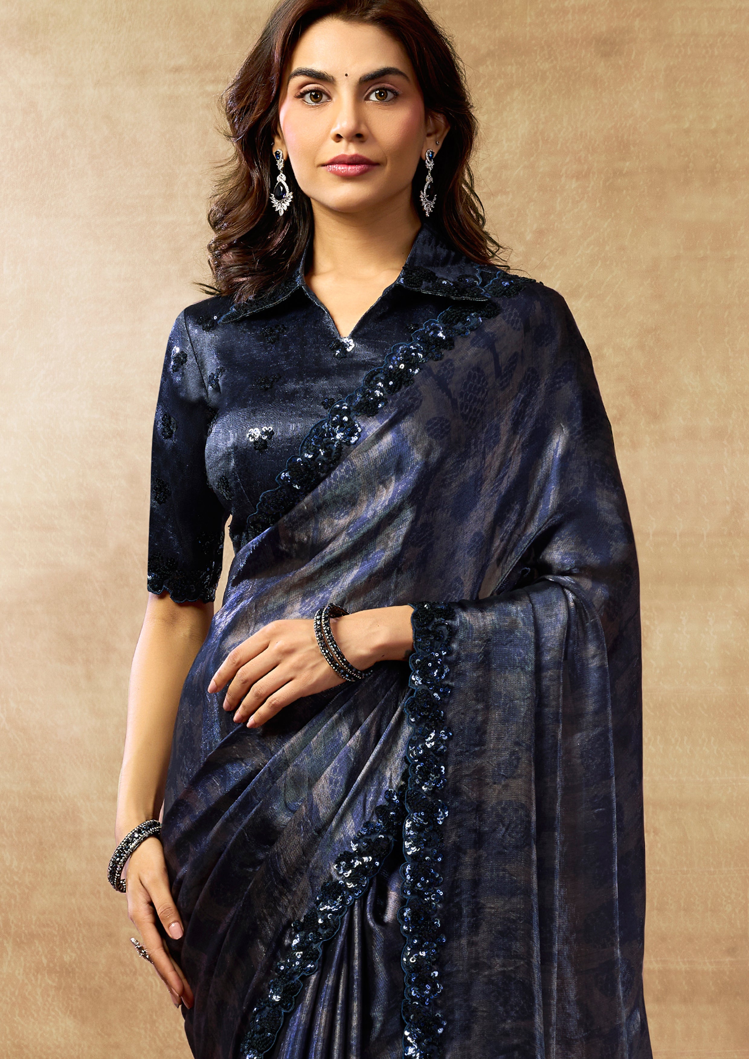 Midnight Navy Embellished Antique Satin Silk Saree