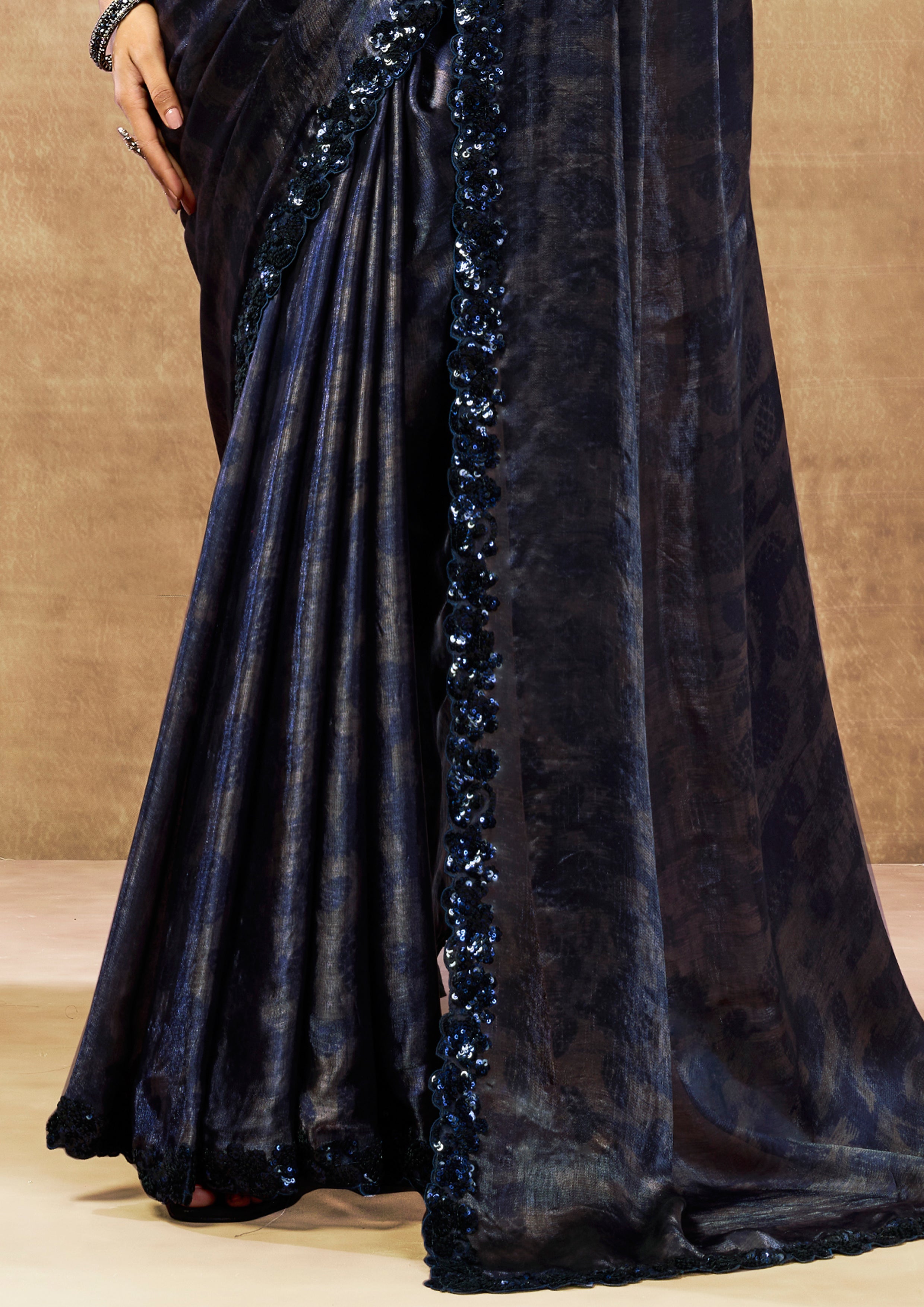Midnight Navy Embellished Antique Satin Silk Saree