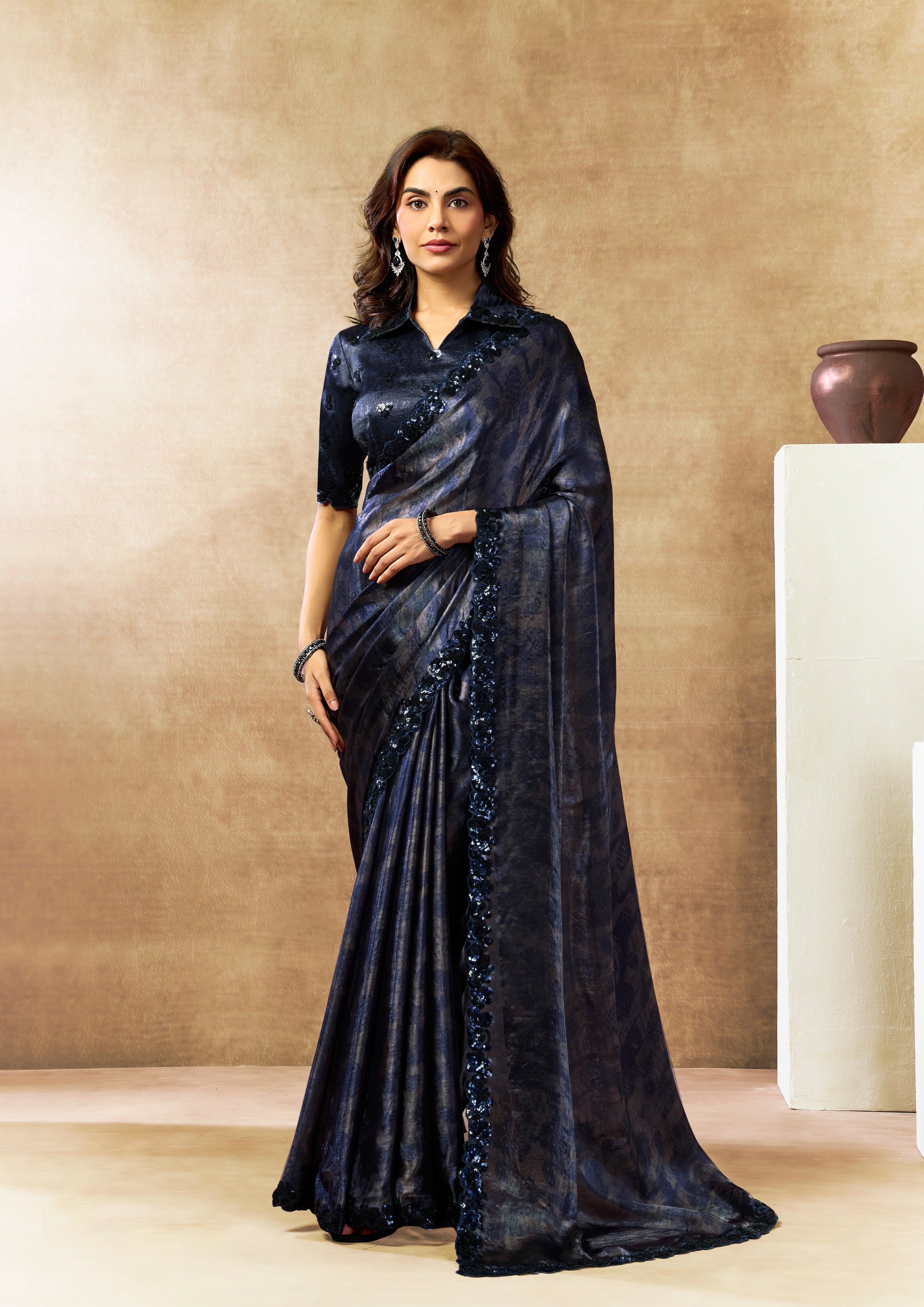 Midnight Navy Embellished Antique Satin Silk Saree