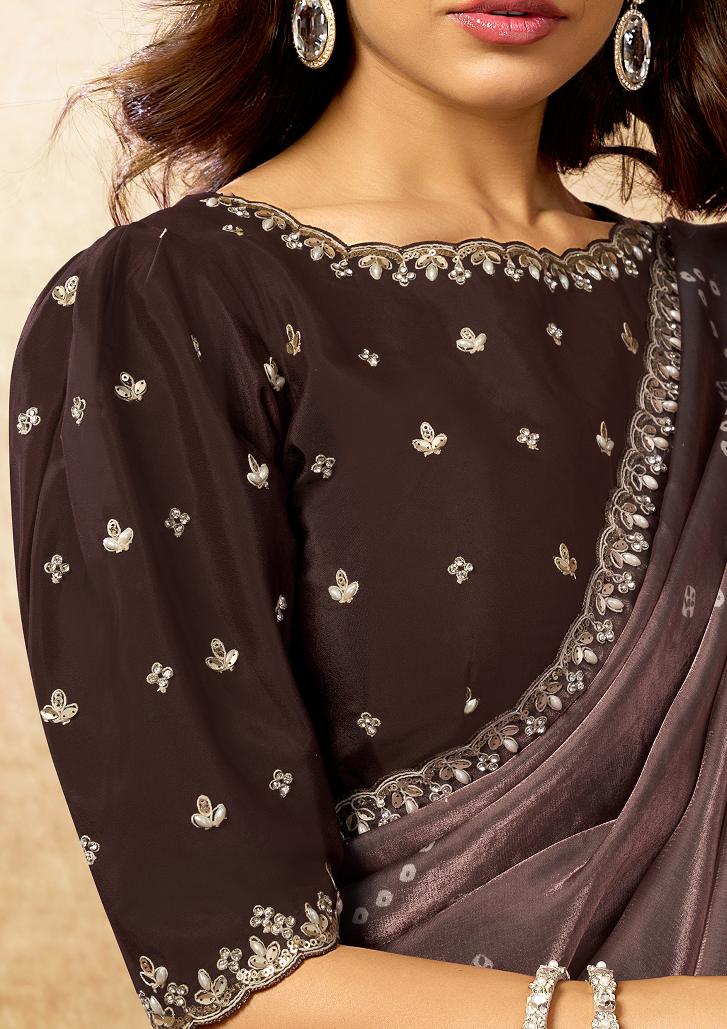 Coffee Brown Embellished Crepe Organza Silk Saree