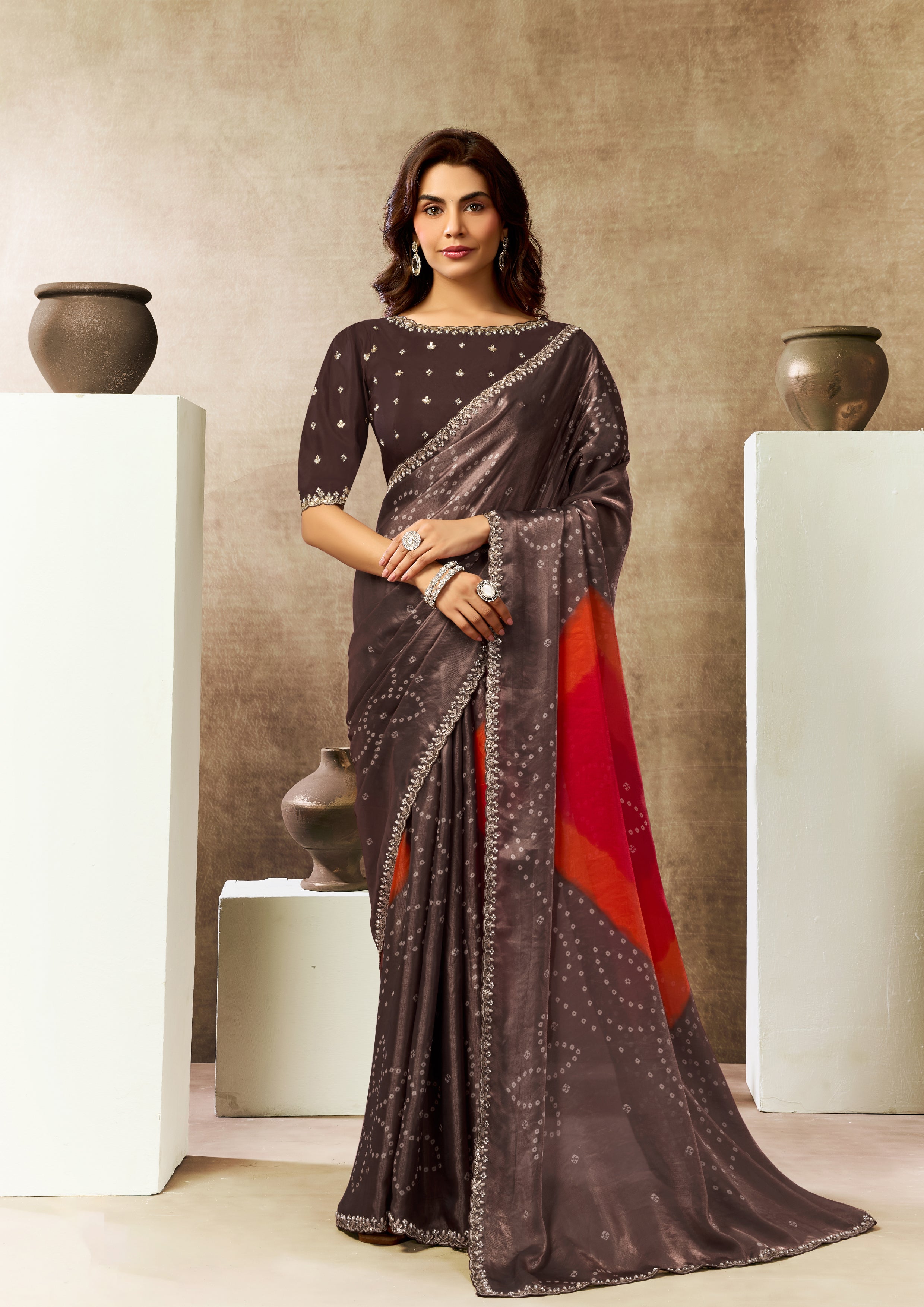 Coffee Brown Embellished Crepe Organza Silk Saree