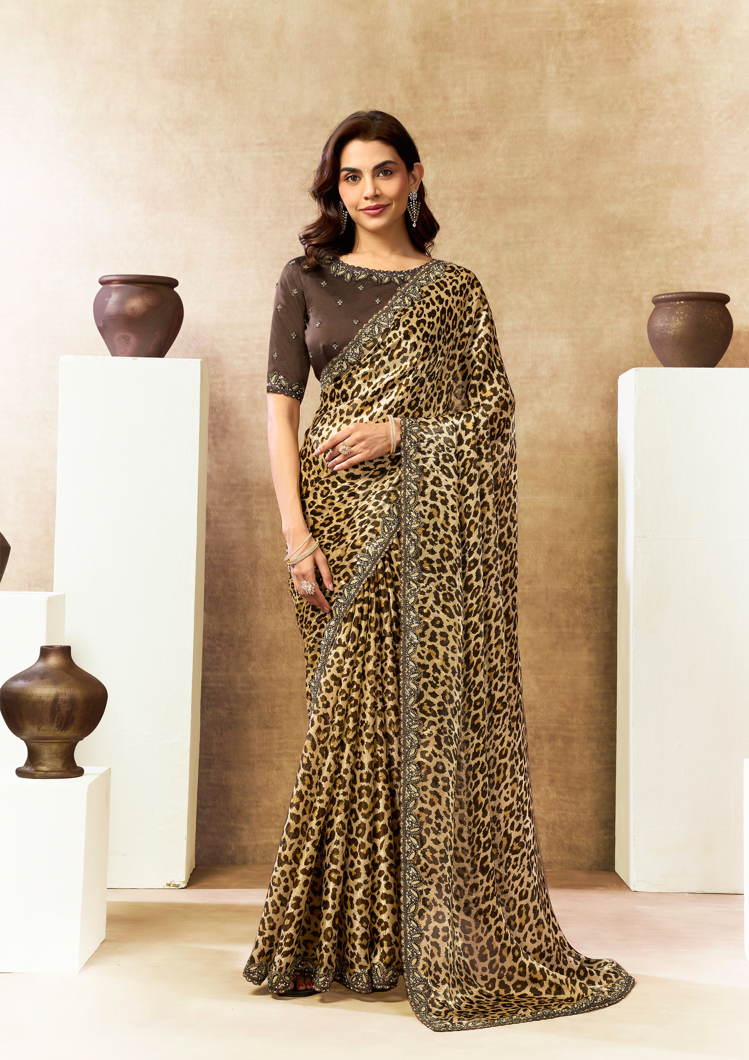 Leopard Muse Embellished Crepe Satin Silk Saree