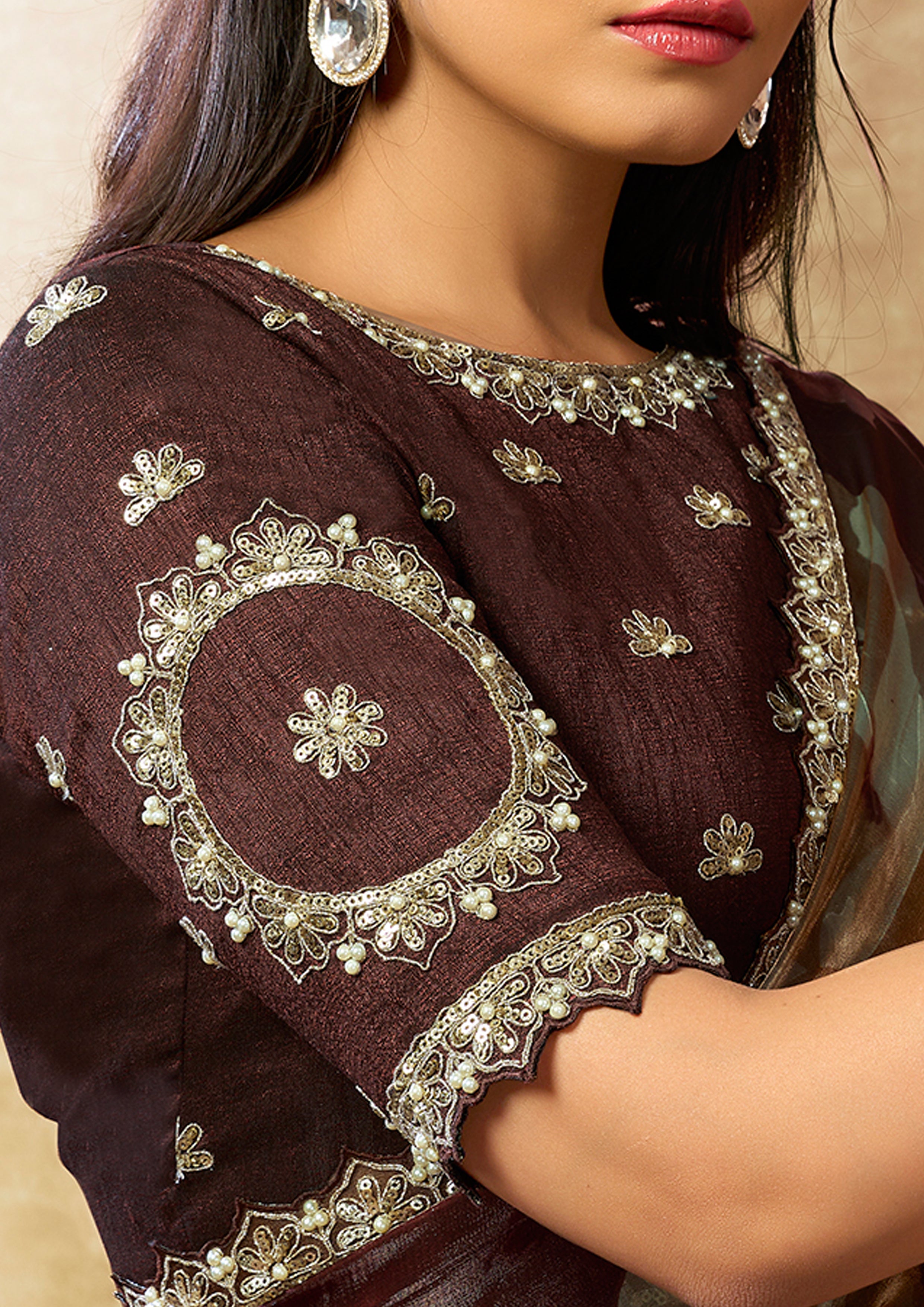 Maroon Floral Embellished Satin Silk Saree