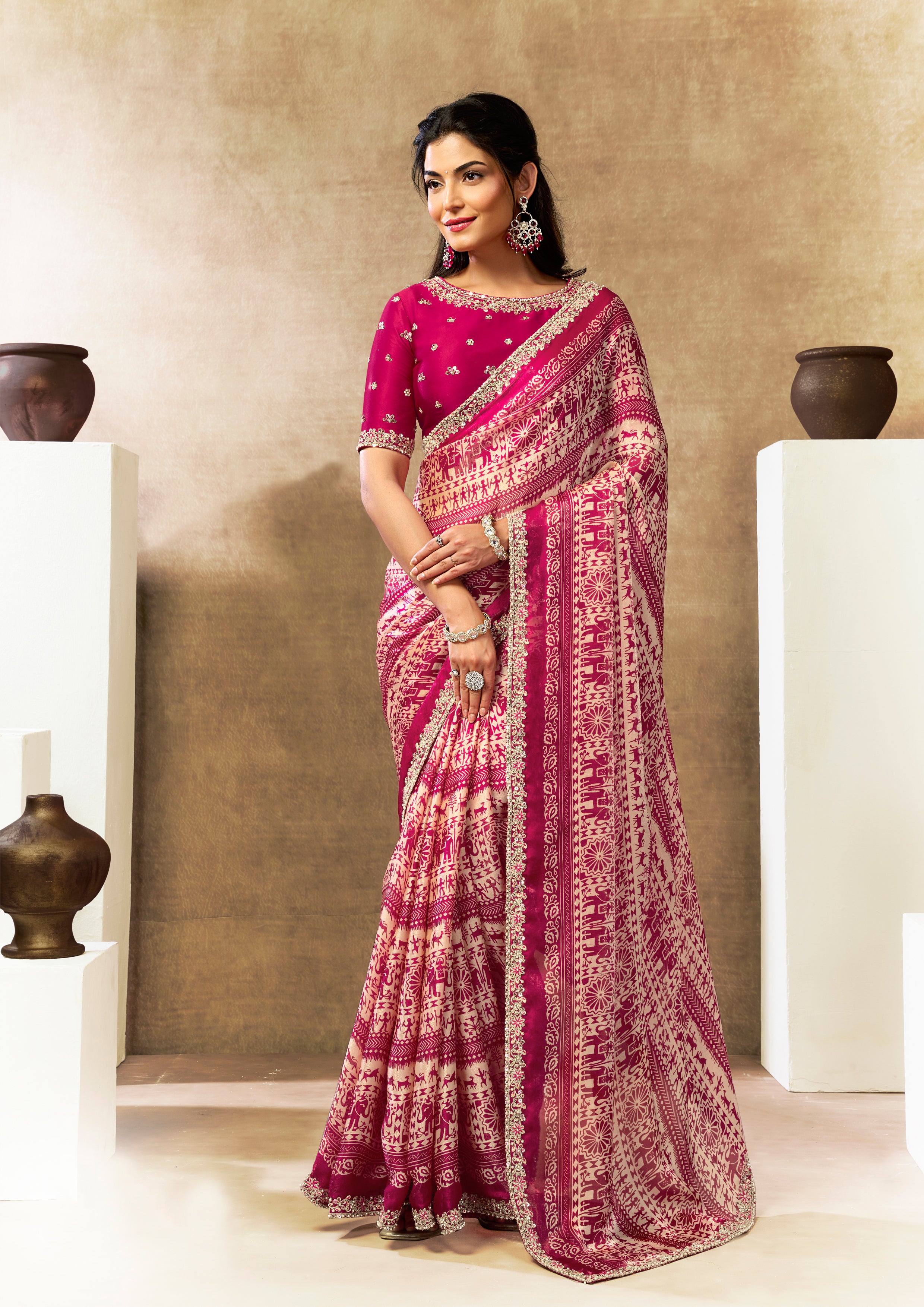Magenta Heritage Embellished Satin Silk Saree