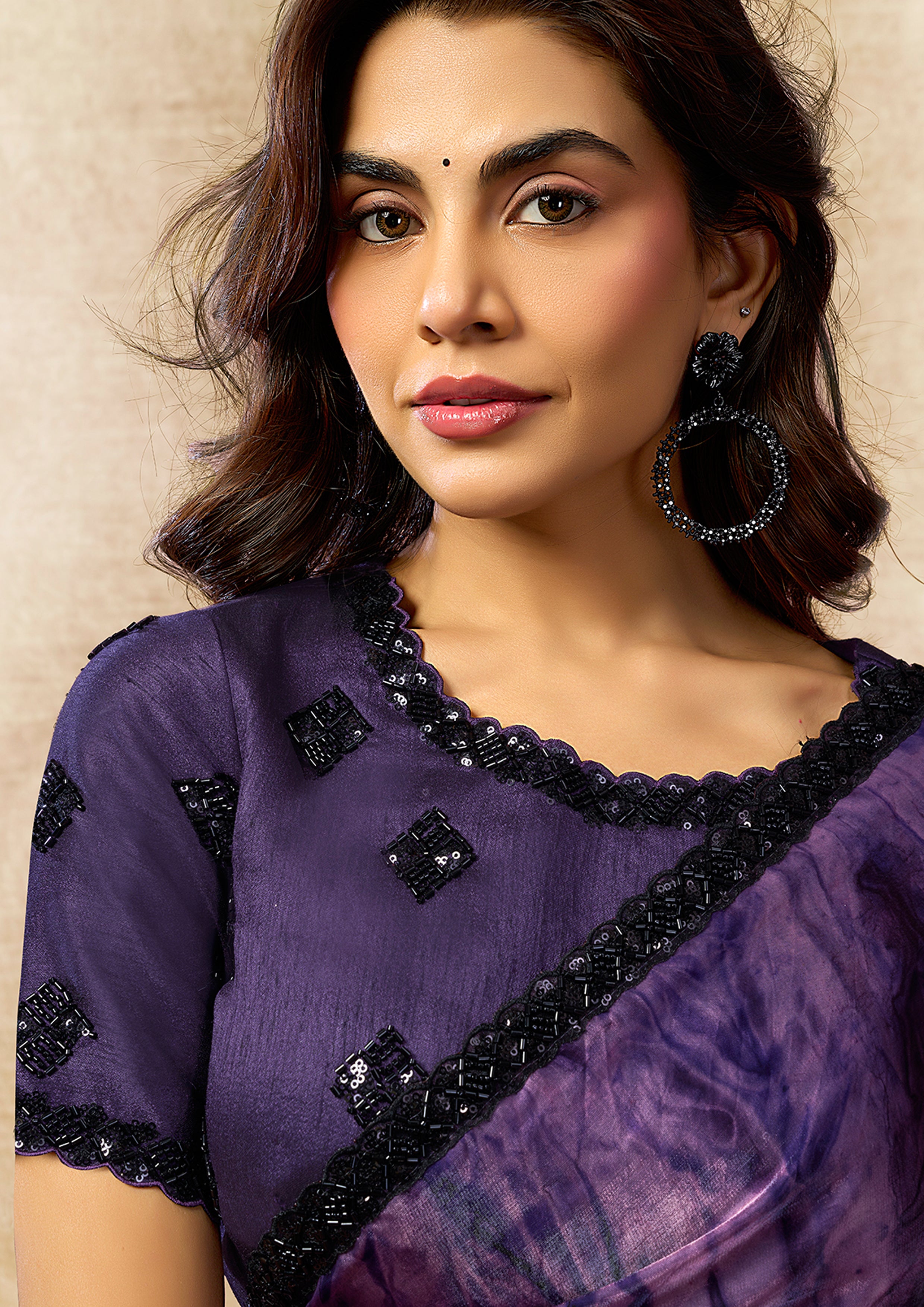 Violet Nebula Embellished Crepe Tissue Silk Saree