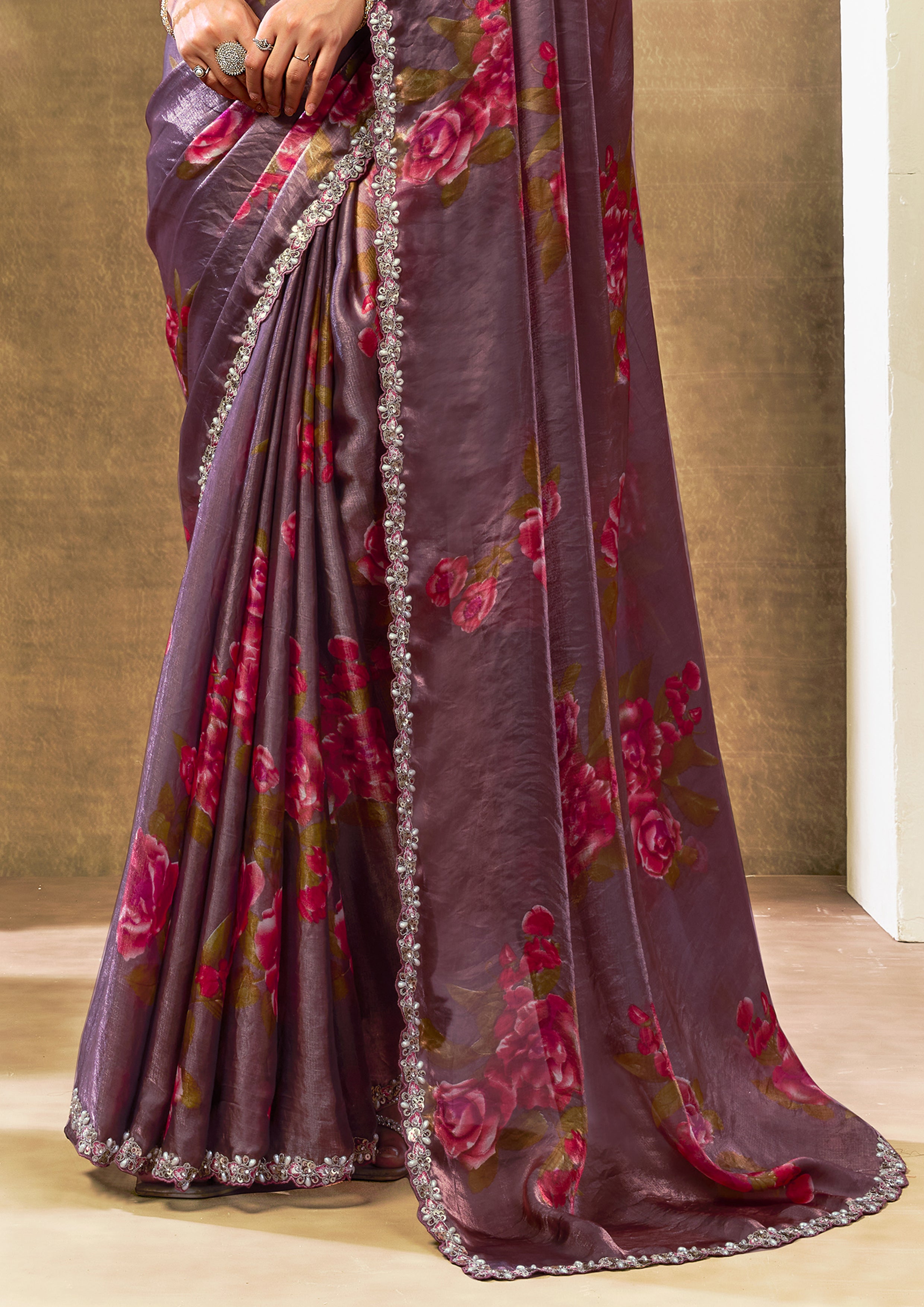 Mauve Rose Embellished Crepe Tissue Silk Saree
