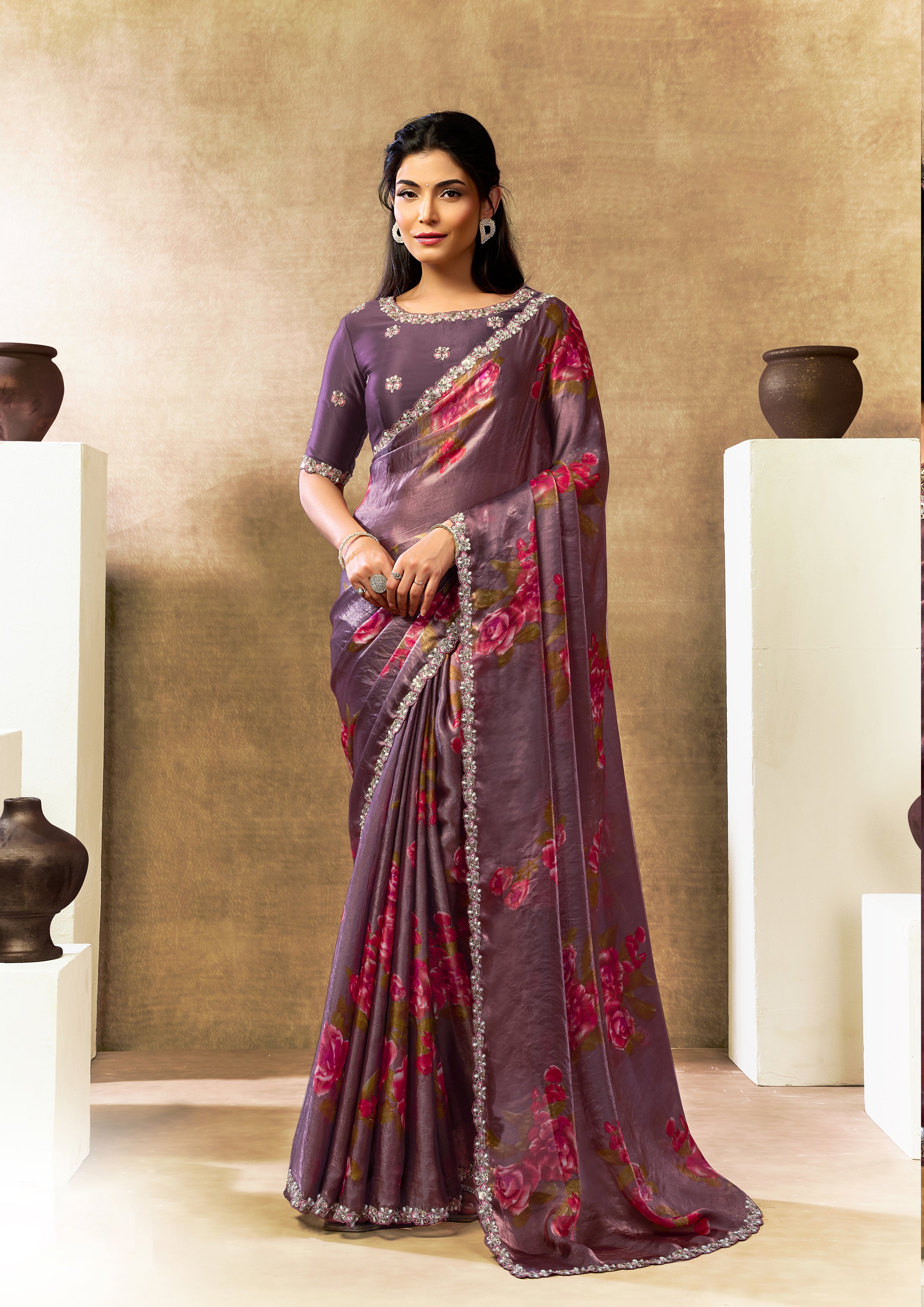 Mauve Rose Embellished Crepe Tissue Silk Saree