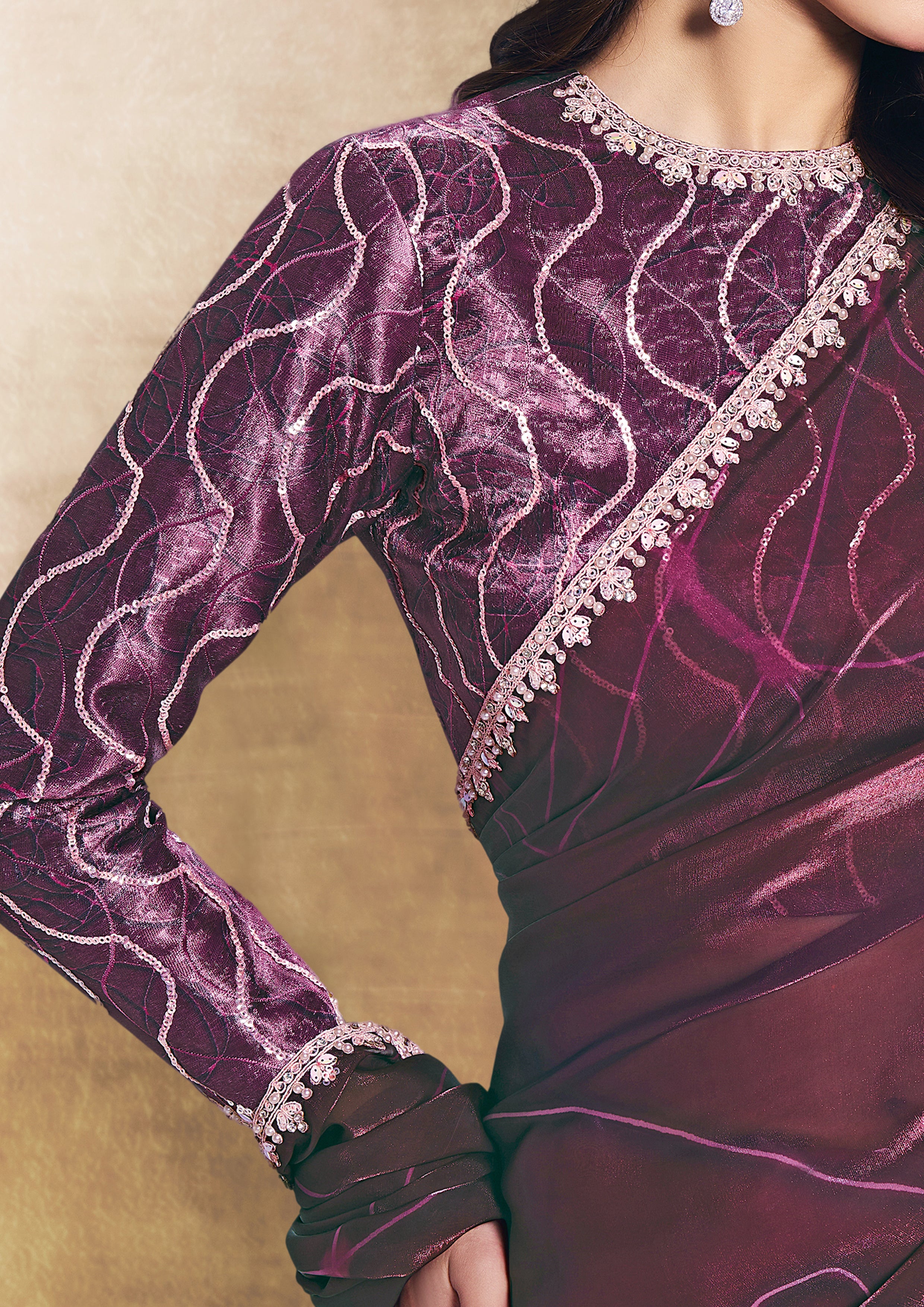 Mulberry Purple Embellished Crepe Tissue Silk Saree