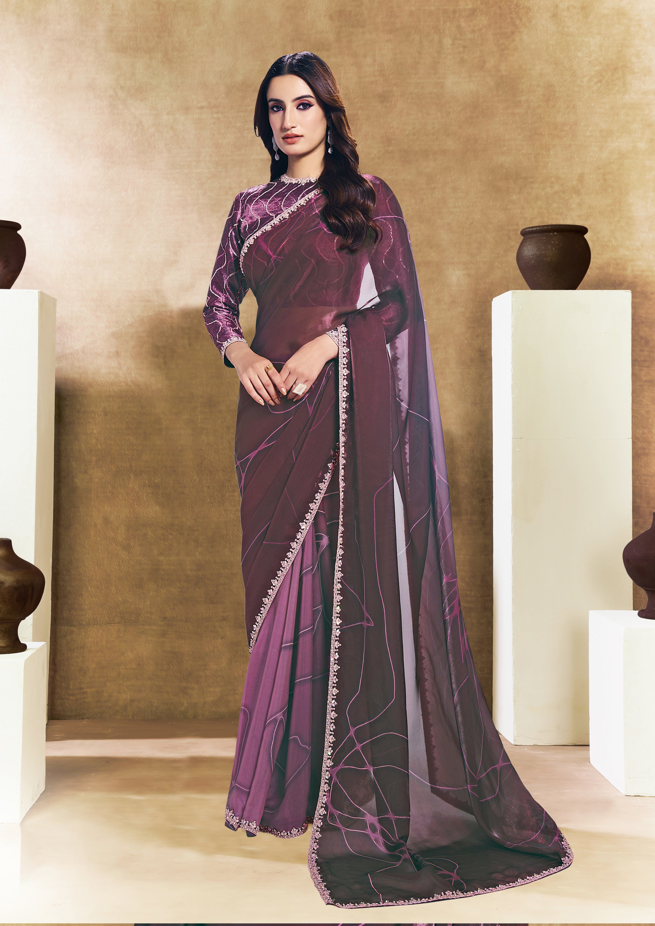 Mulberry Purple Embellished Crepe Tissue Silk Saree