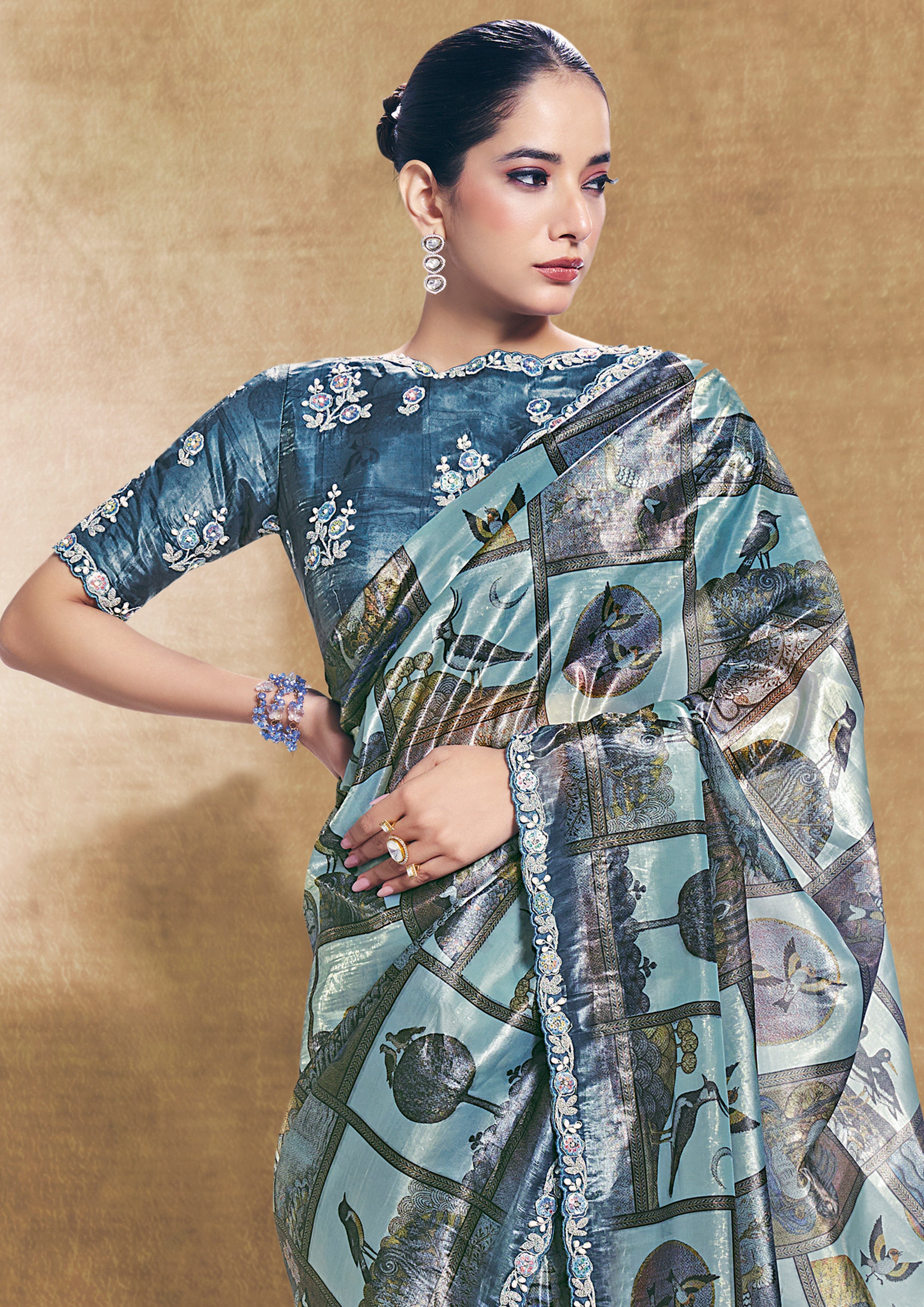 Steel Blue Embellished Soft Organza Silk Saree