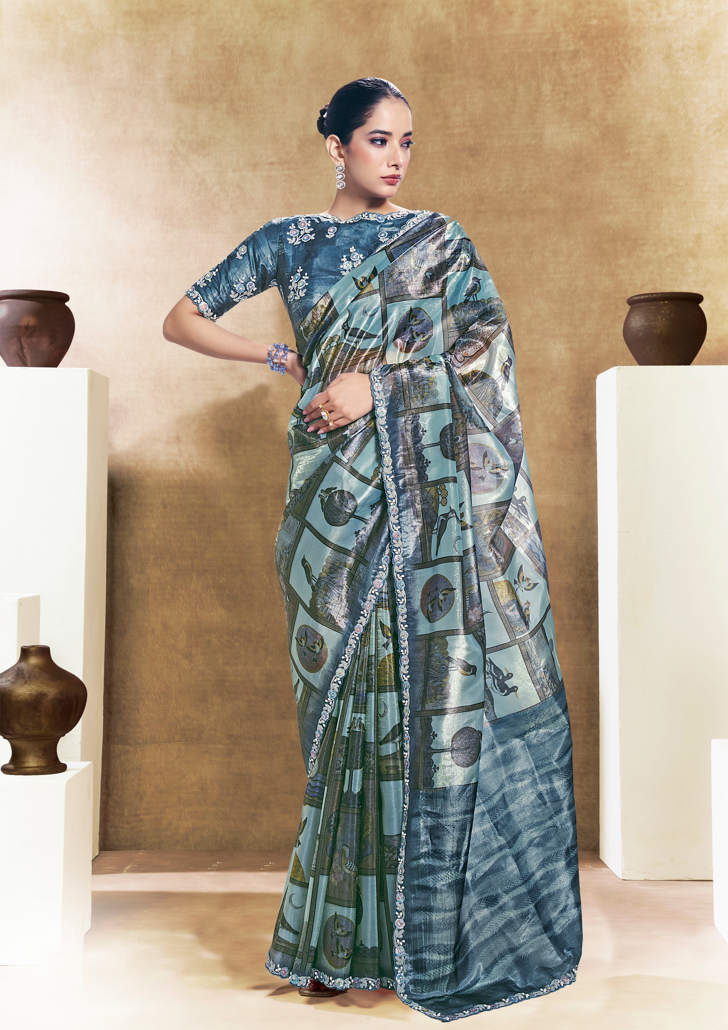 Steel Blue Embellished Soft Organza Silk Saree