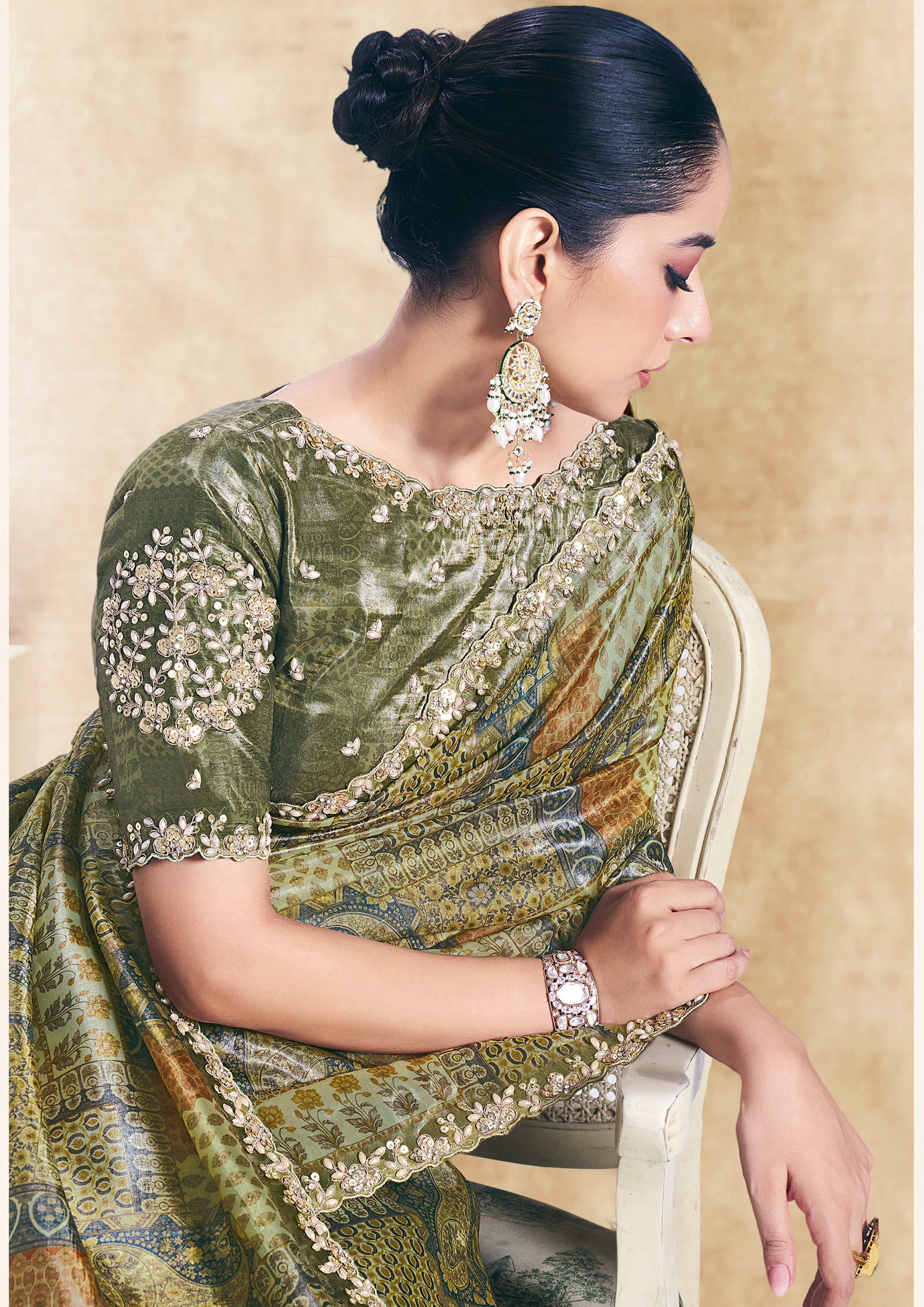 Sage Paisley Printed Satin Silk Saree