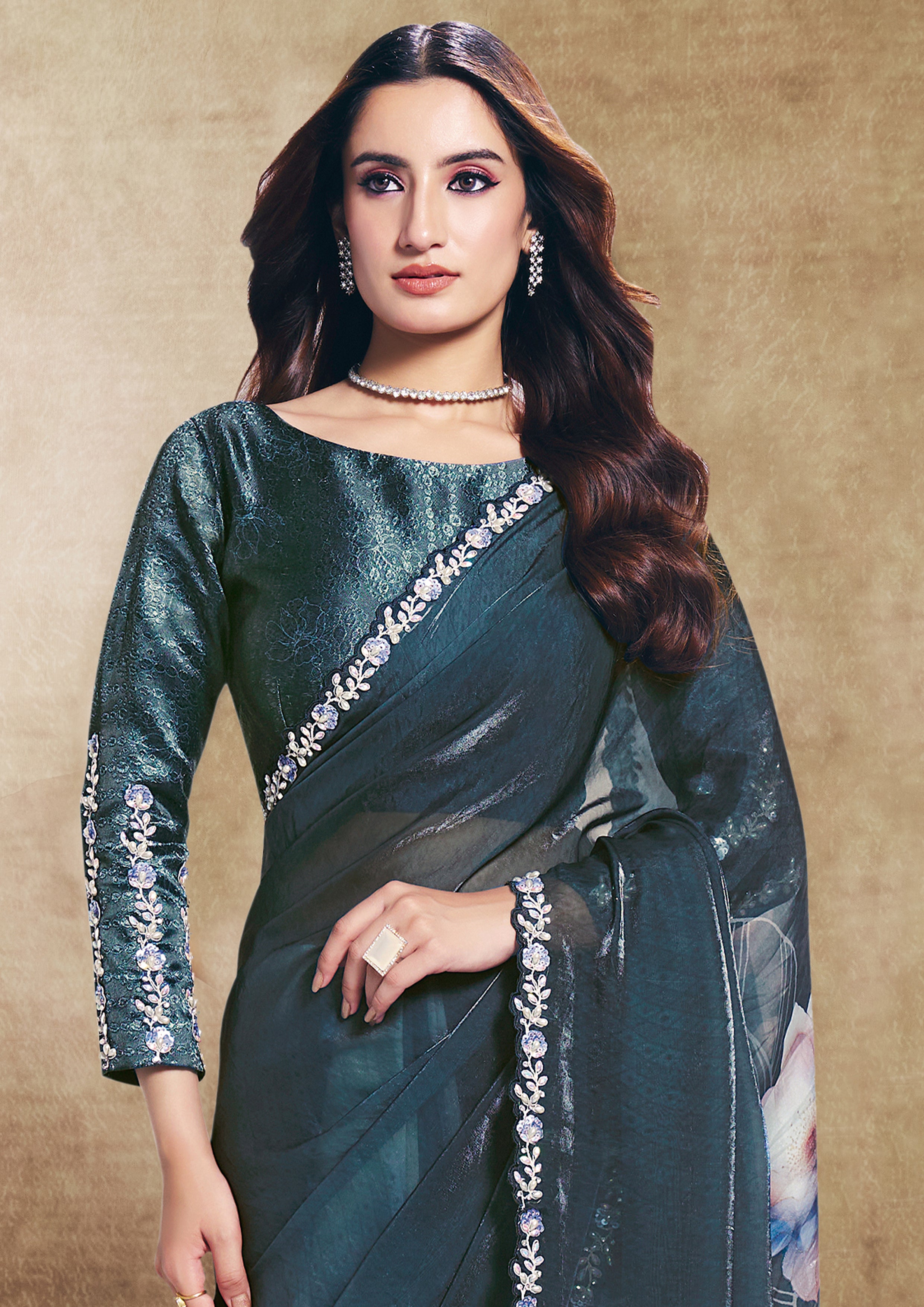 Teal Botanical Embellished Soft Organza Silk Saree