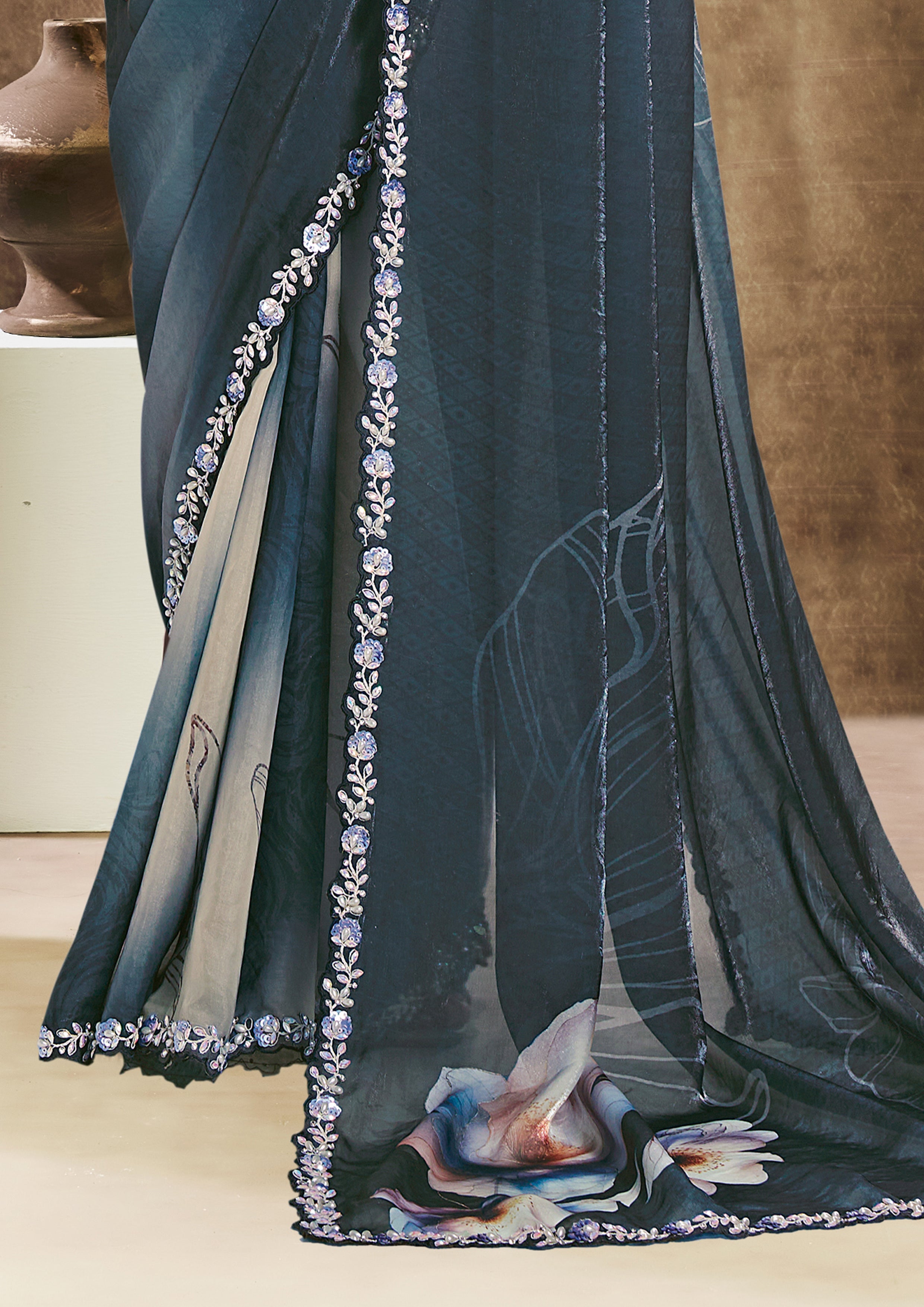 Teal Botanical Embellished Soft Organza Silk Saree