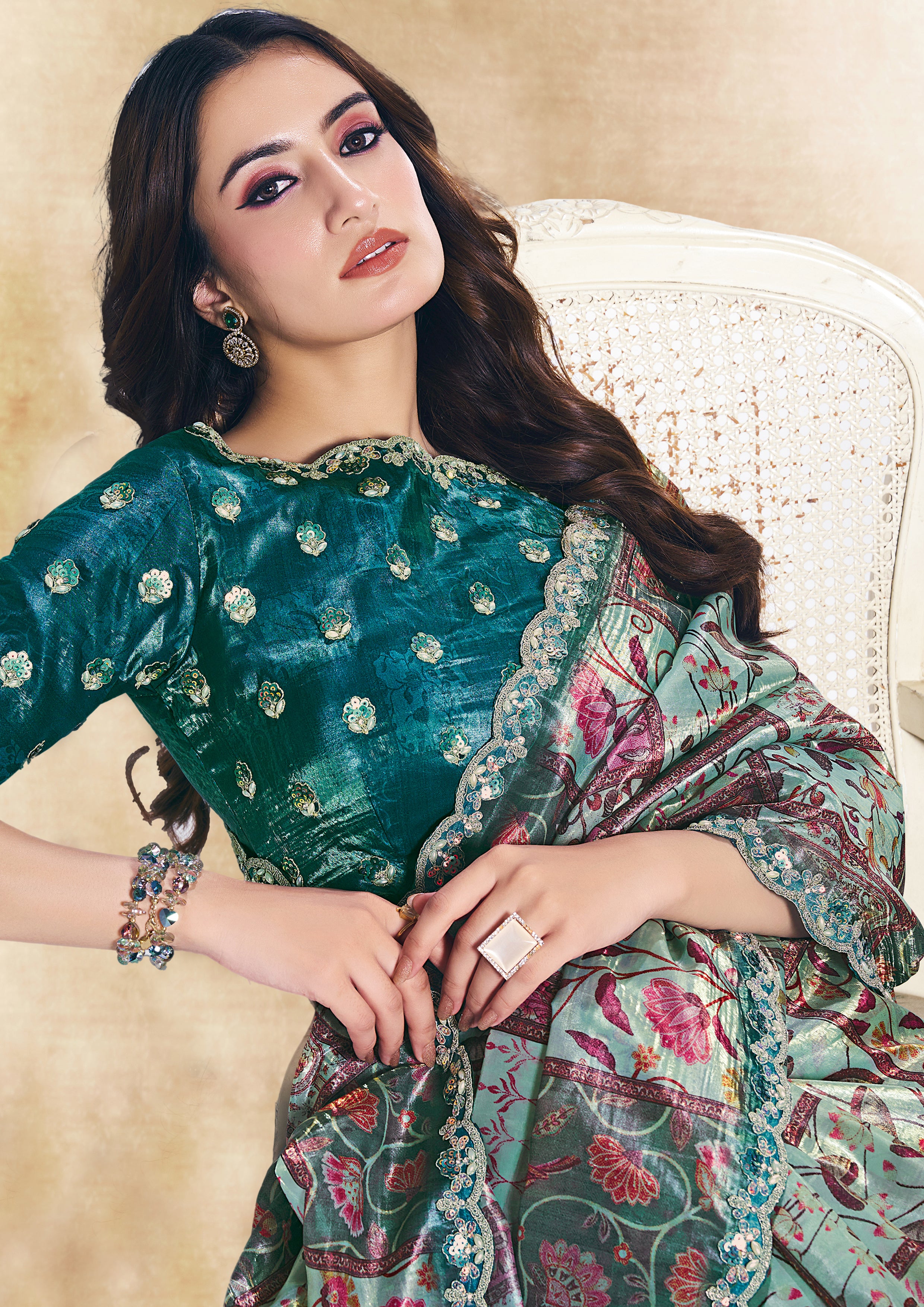 Rama Green Embellished Soft Organza Silk Saree