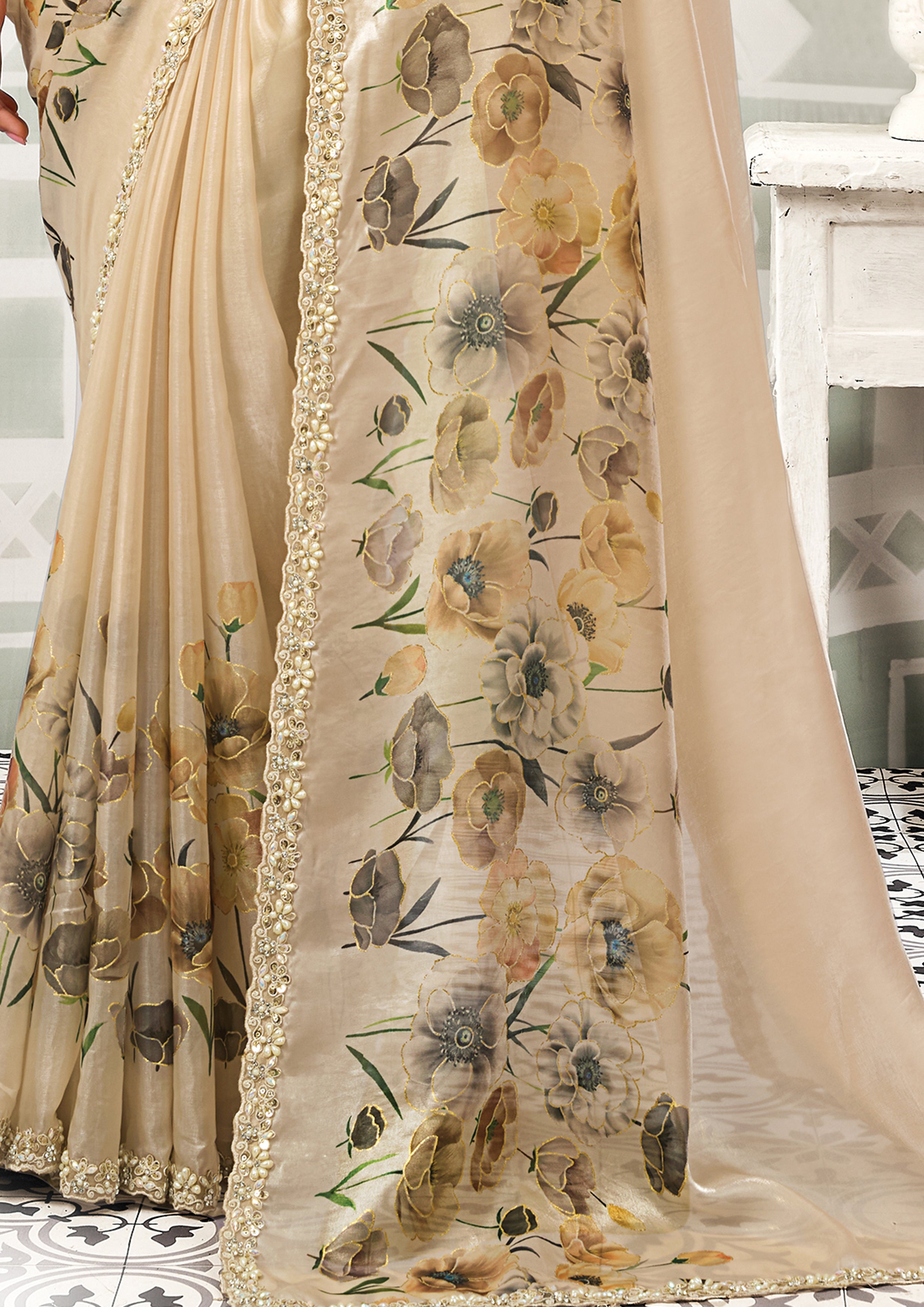 Dune Beige Embellished Satin Silk Saree