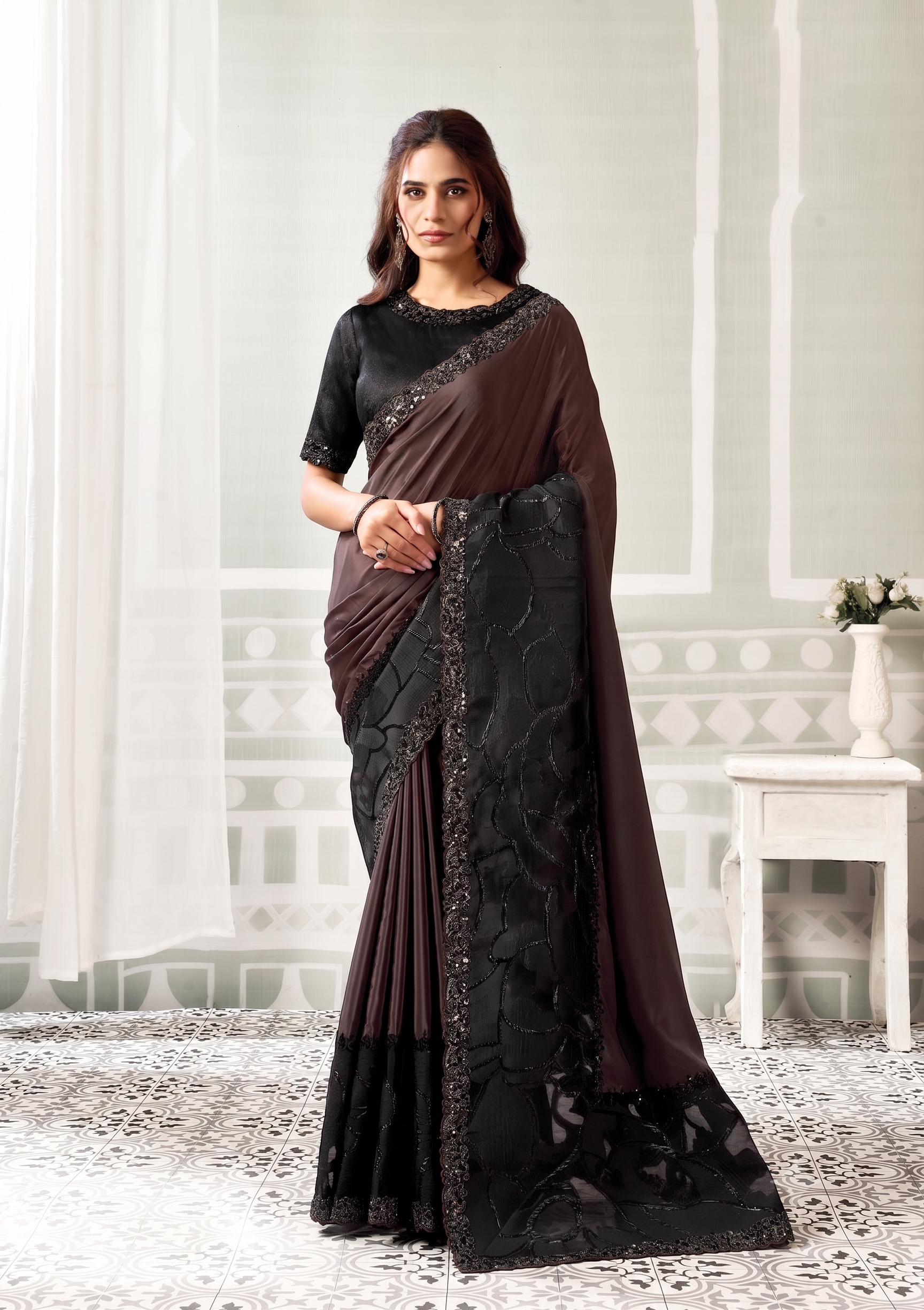 Dark Espresso Black Embellished Crepe Satin Silk Saree