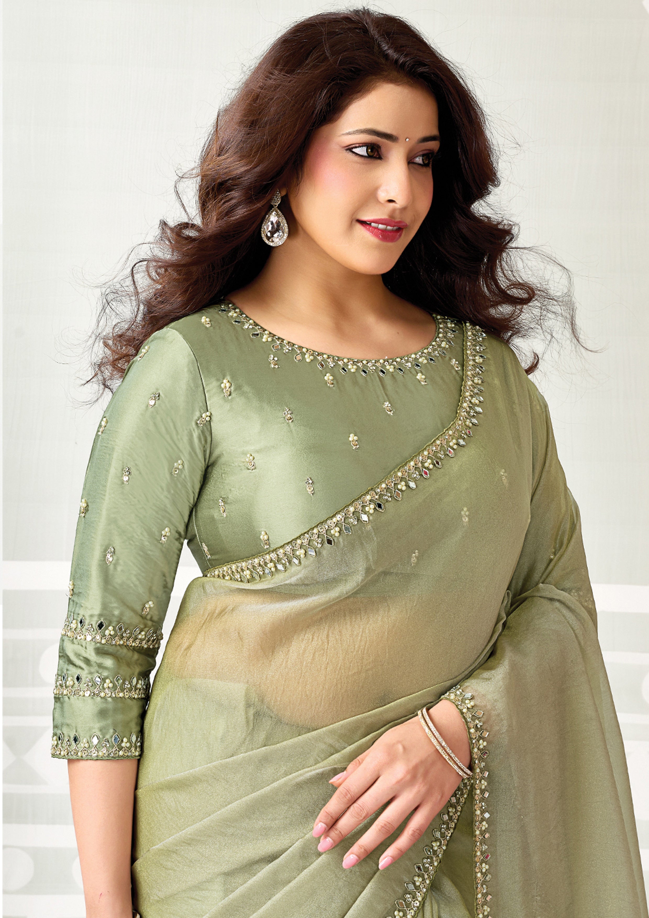 Sage Green Embellished Organza Satin Silk Saree