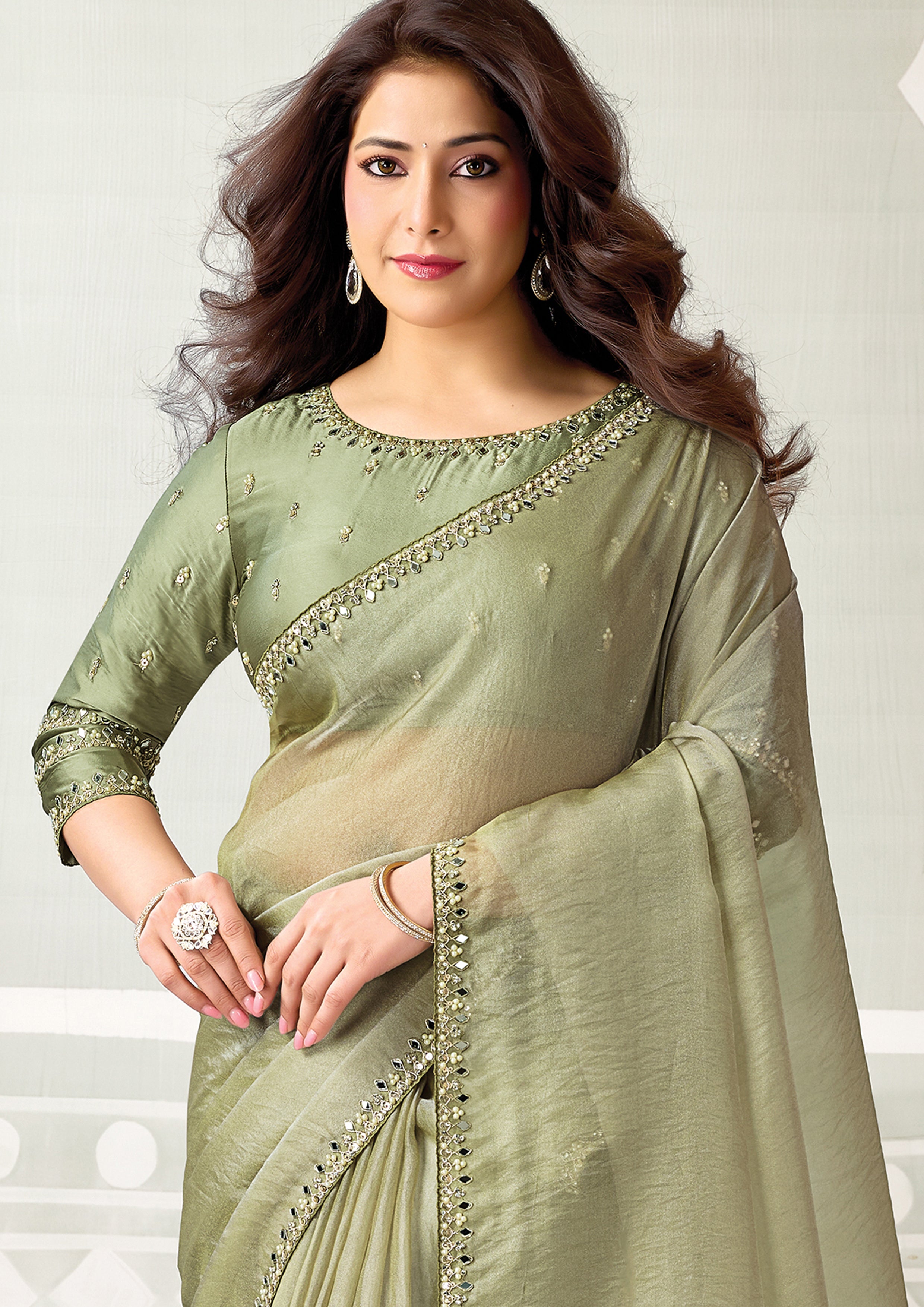Sage Green Embellished Organza Satin Silk Saree