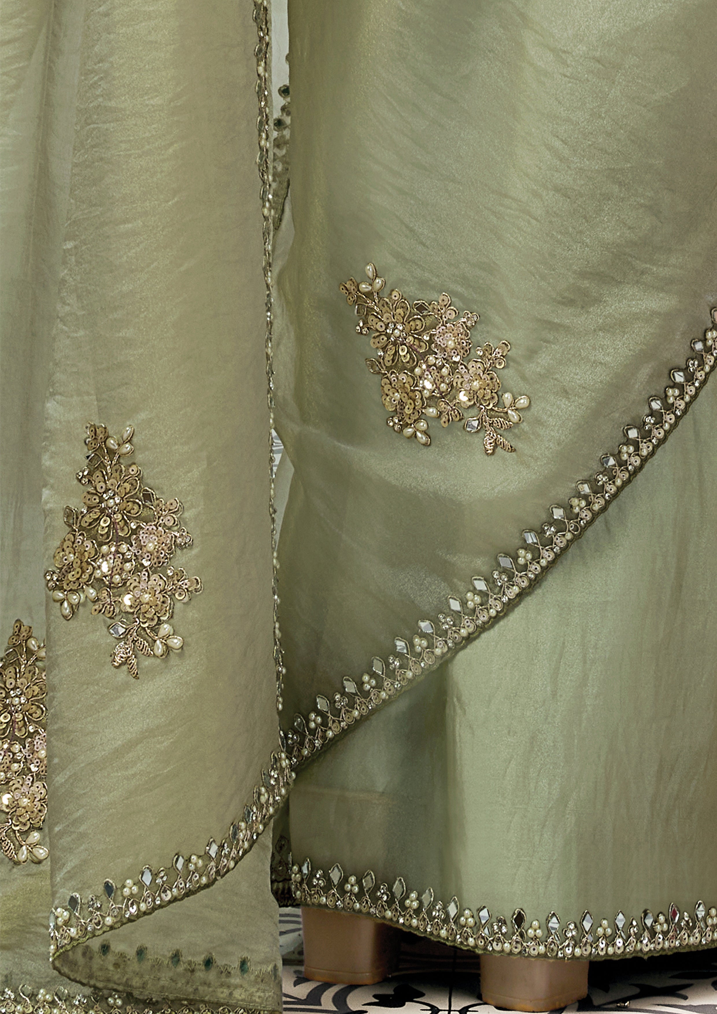 Sage Green Embellished Organza Satin Silk Saree