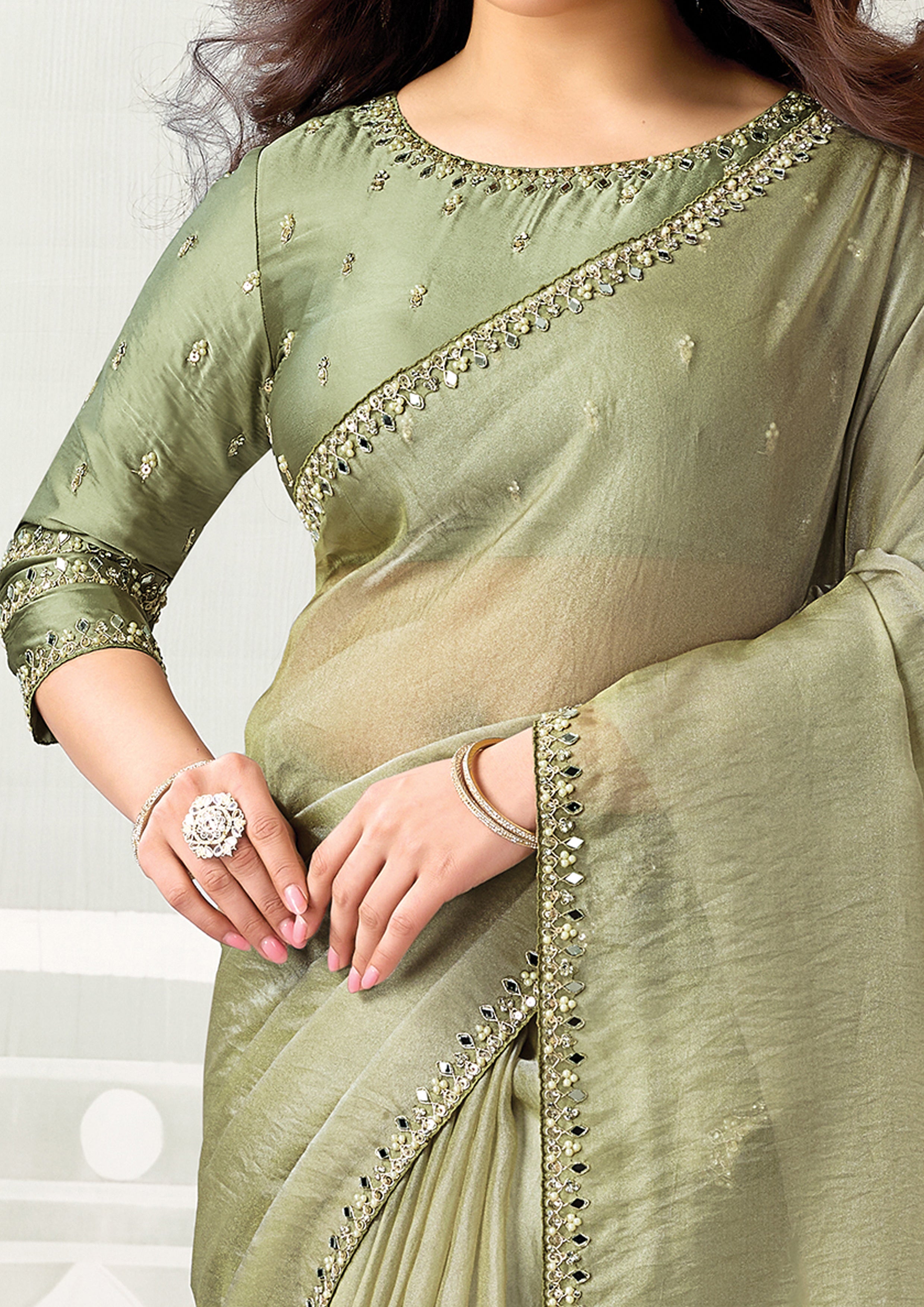 Sage Green Embellished Organza Satin Silk Saree