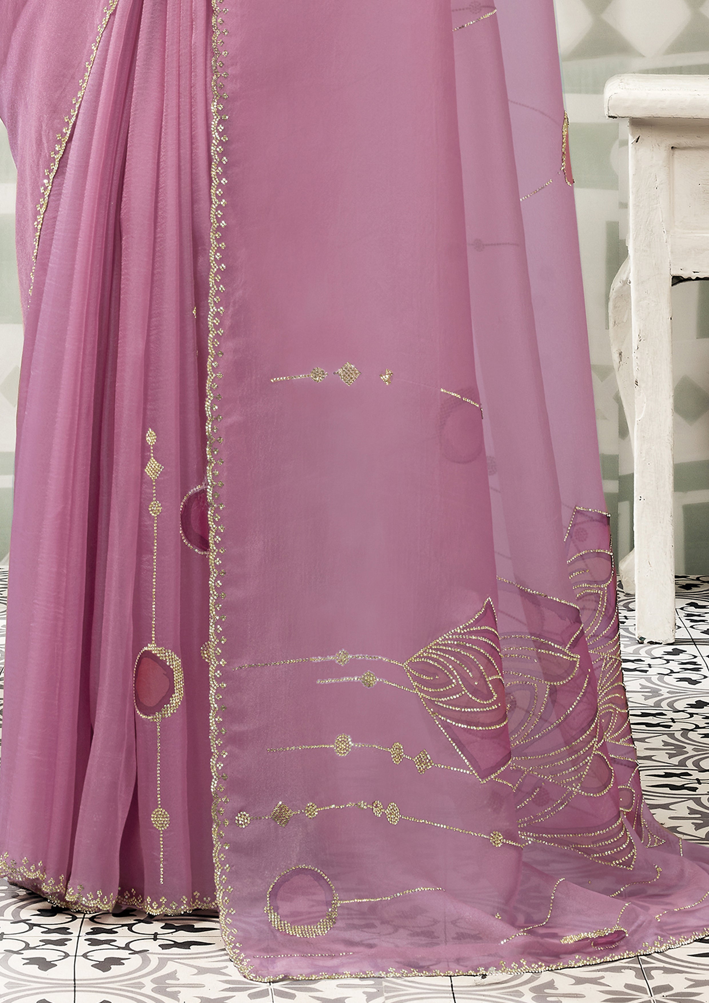 Ballet Pink Embellished Organza Tissue Silk Saree