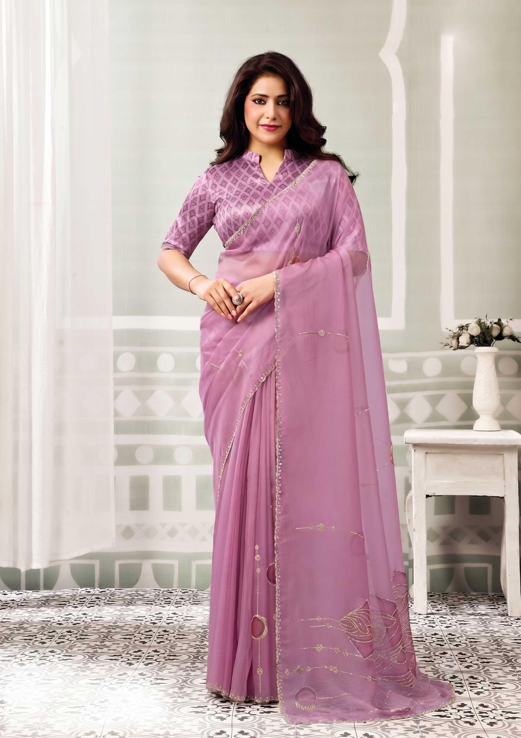 Ballet Pink Embellished Organza Tissue Silk Saree