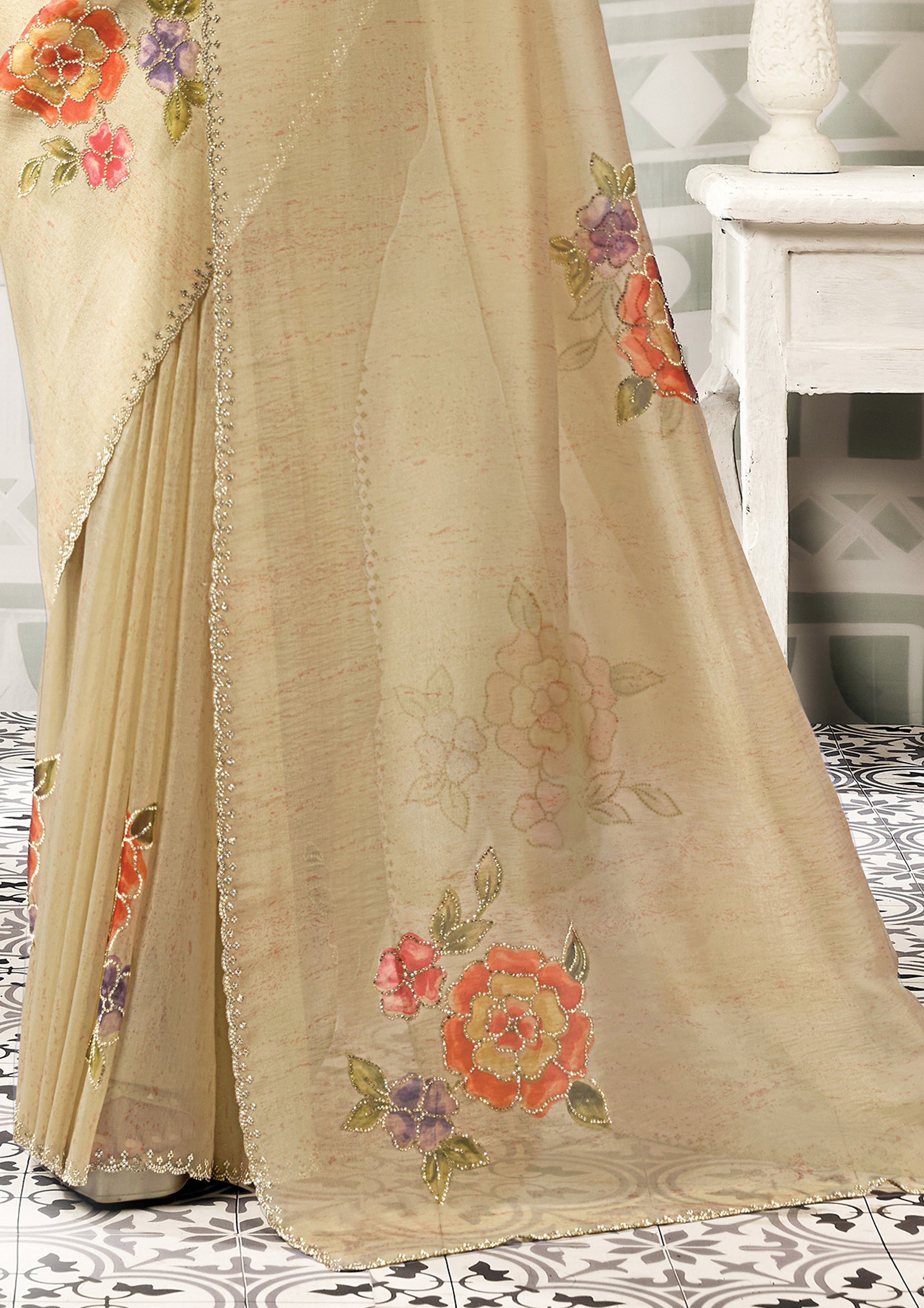 Floral Beige Embellished Organza Tissue Silk Saree