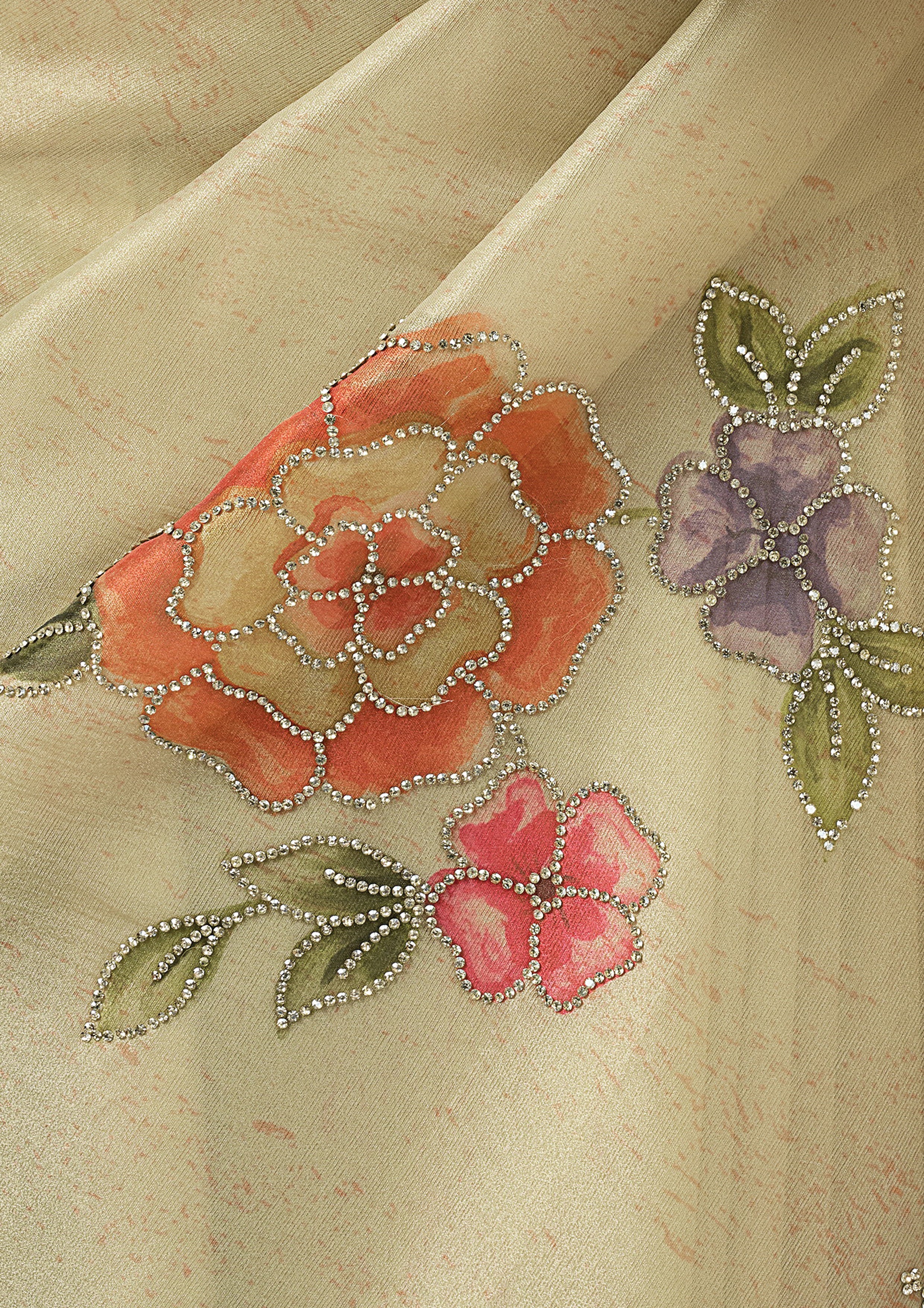 Floral Beige Embellished Organza Tissue Silk Saree