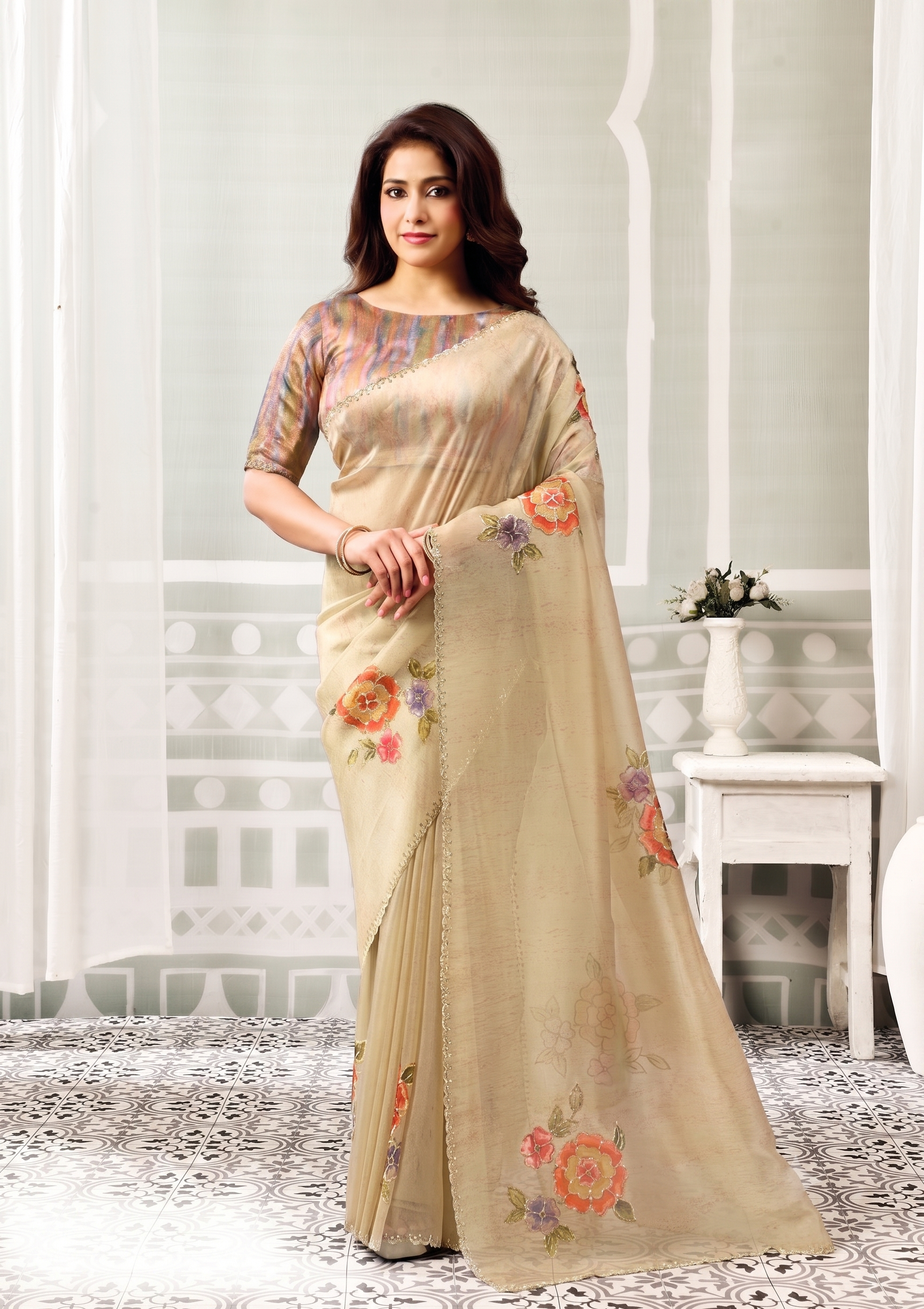 Floral Beige Embellished Organza Tissue Silk Saree