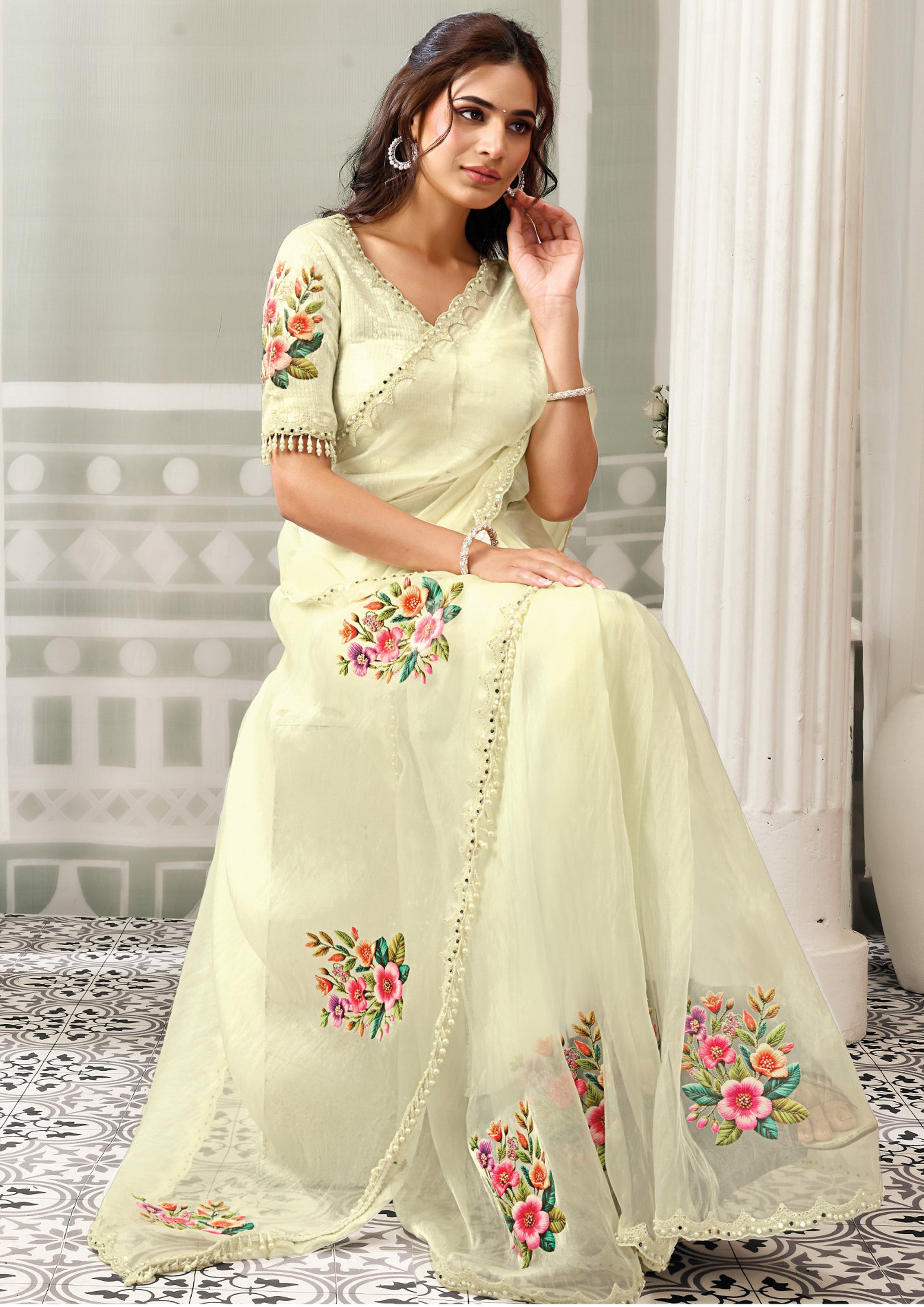 Yellow Pastel Embellished Organza Satin Silk Saree
