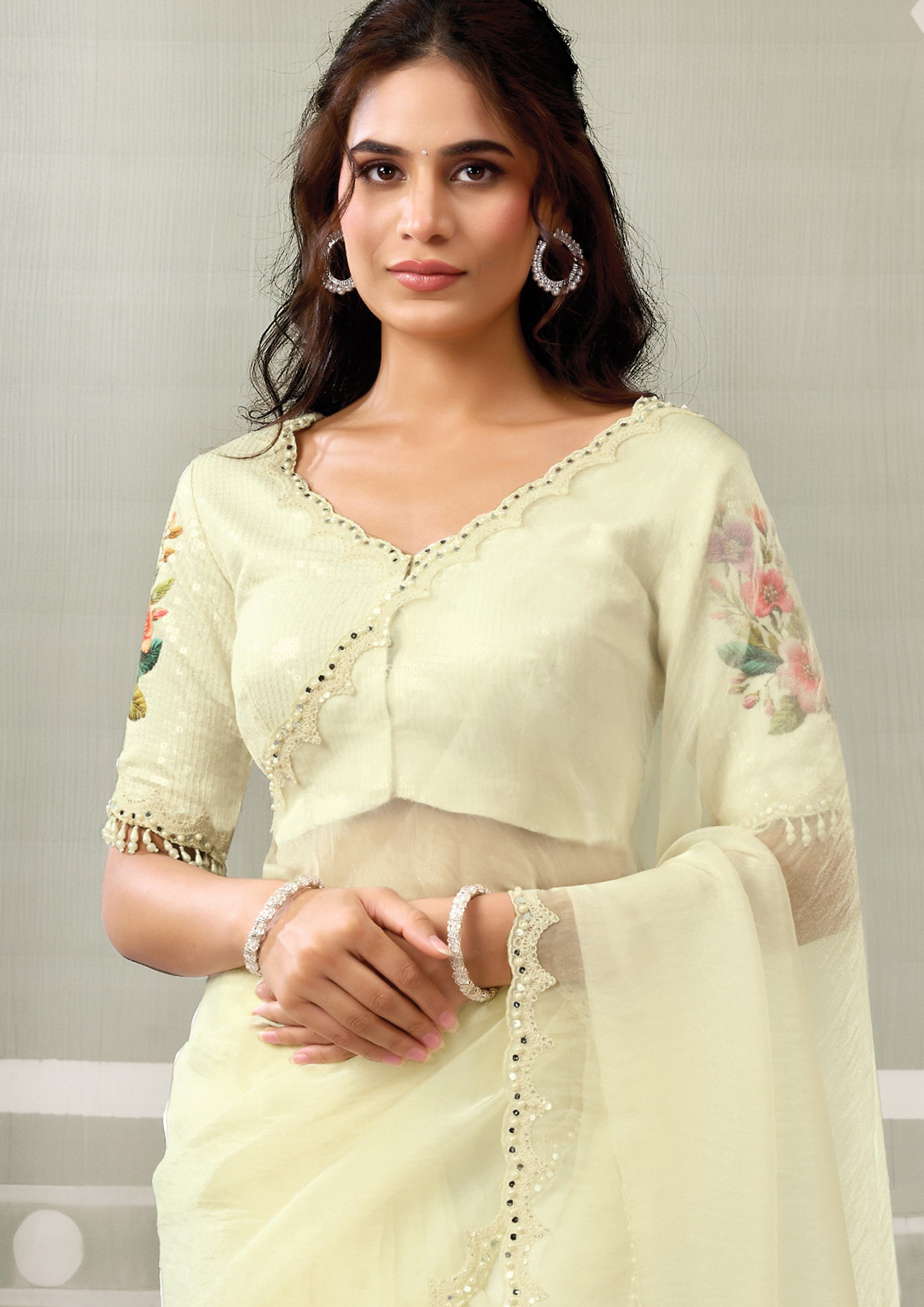 Yellow Pastel Embellished Organza Satin Silk Saree
